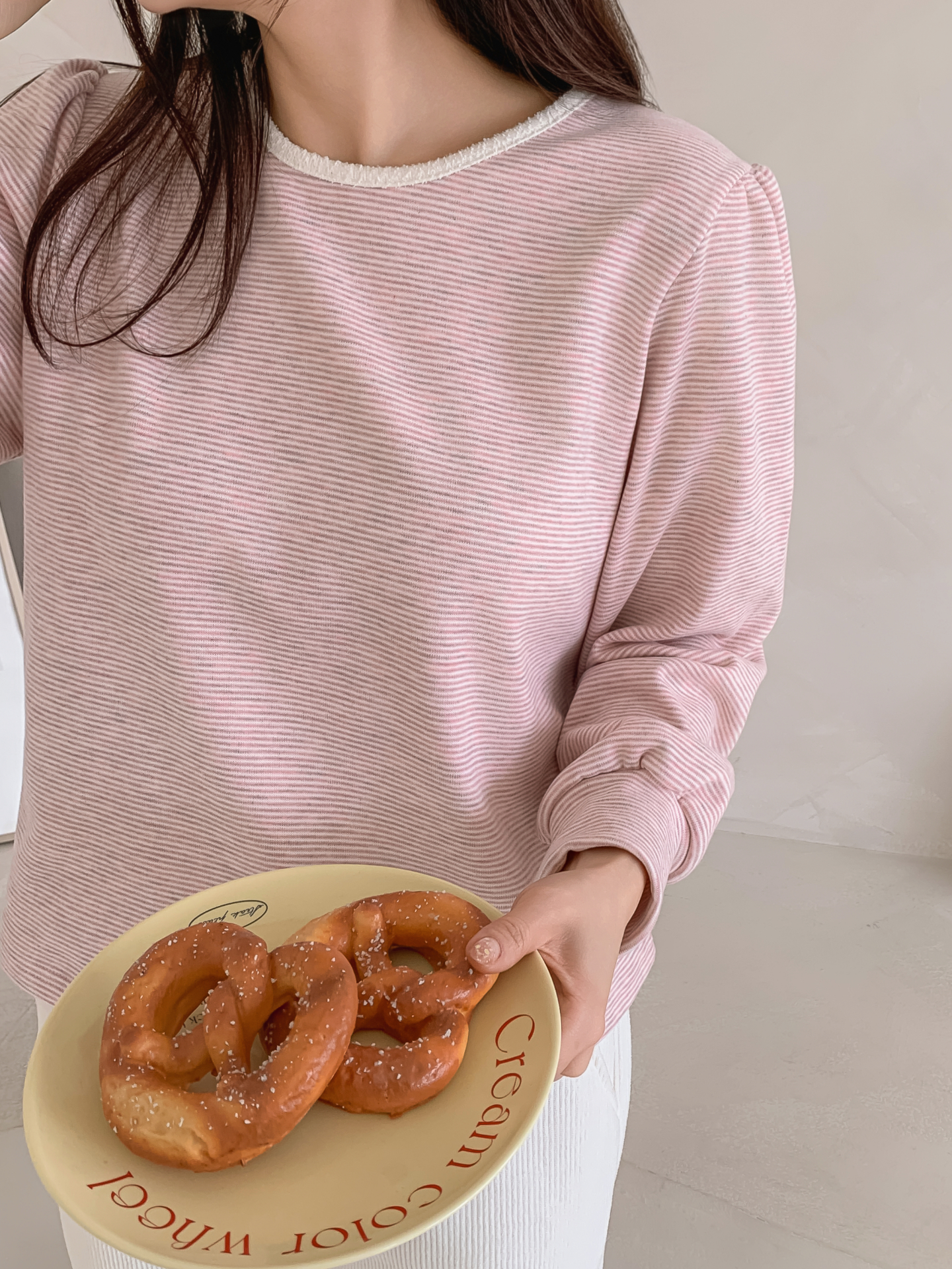 ソフトラウンドネック長袖ボーダー配色Tシャツニット | 詳細画像3