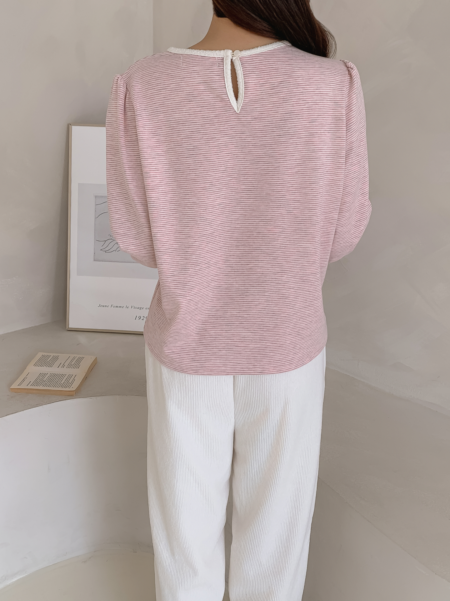 ソフトラウンドネック長袖ボーダー配色Tシャツニット | 詳細画像6