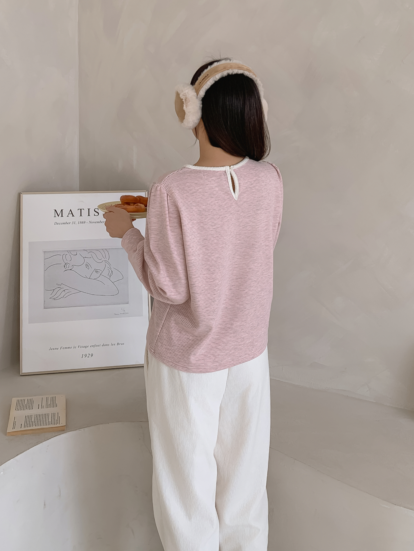 ソフトラウンドネック長袖ボーダー配色Tシャツニット | 詳細画像7