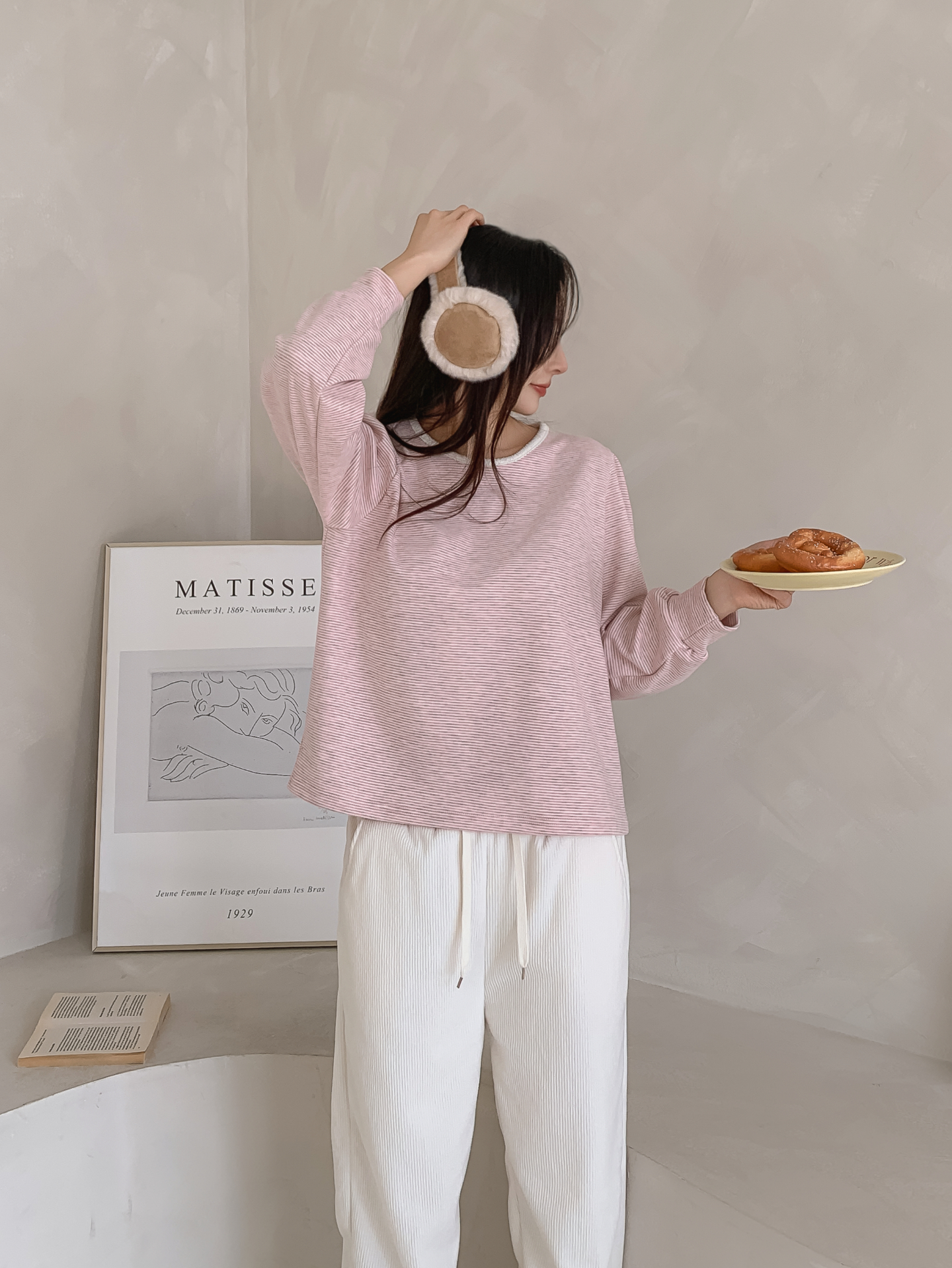 ソフトラウンドネック長袖ボーダー配色Tシャツニット | 詳細画像8