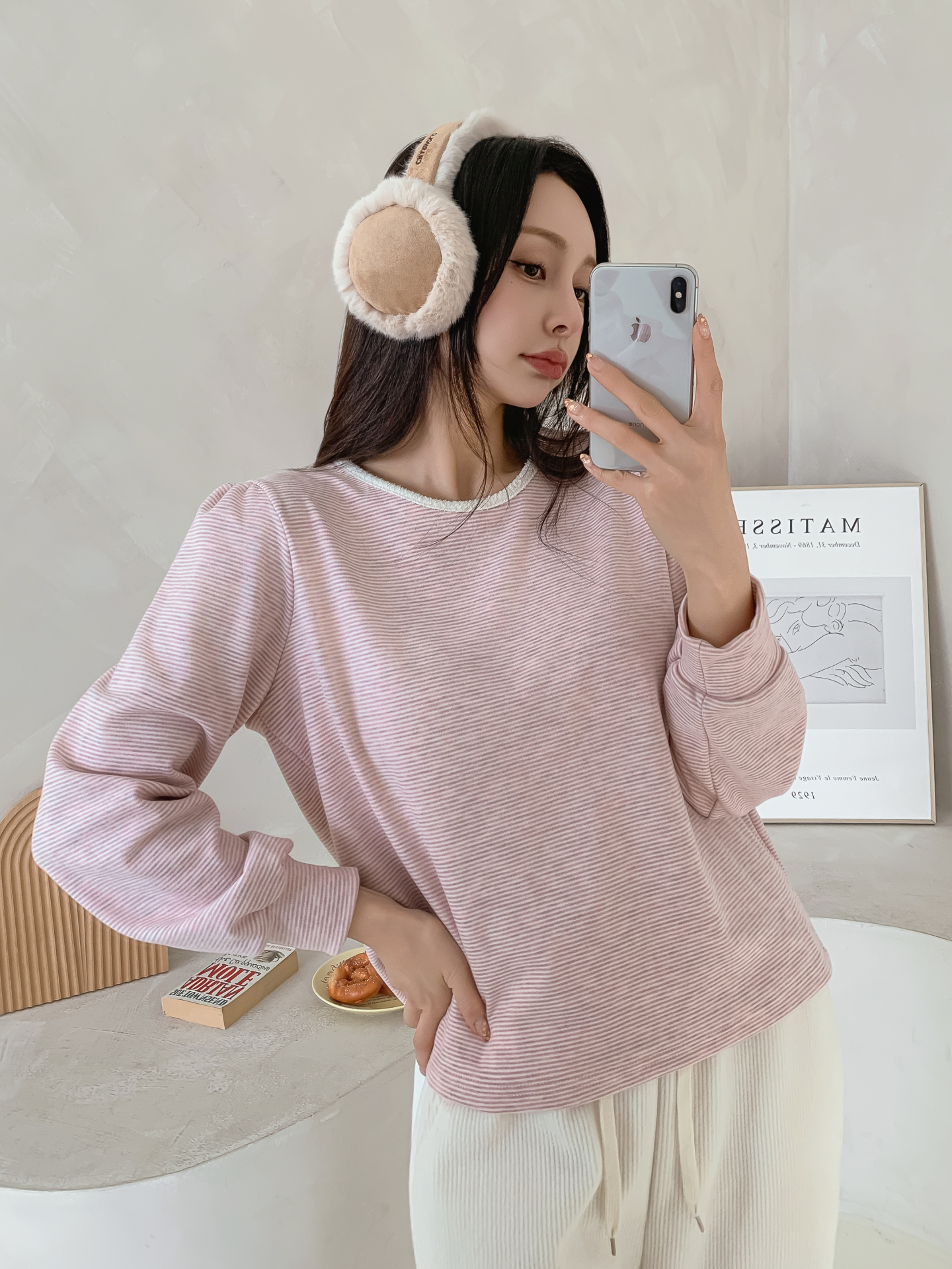 ソフトラウンドネック長袖ボーダー配色Tシャツニット | 詳細画像15