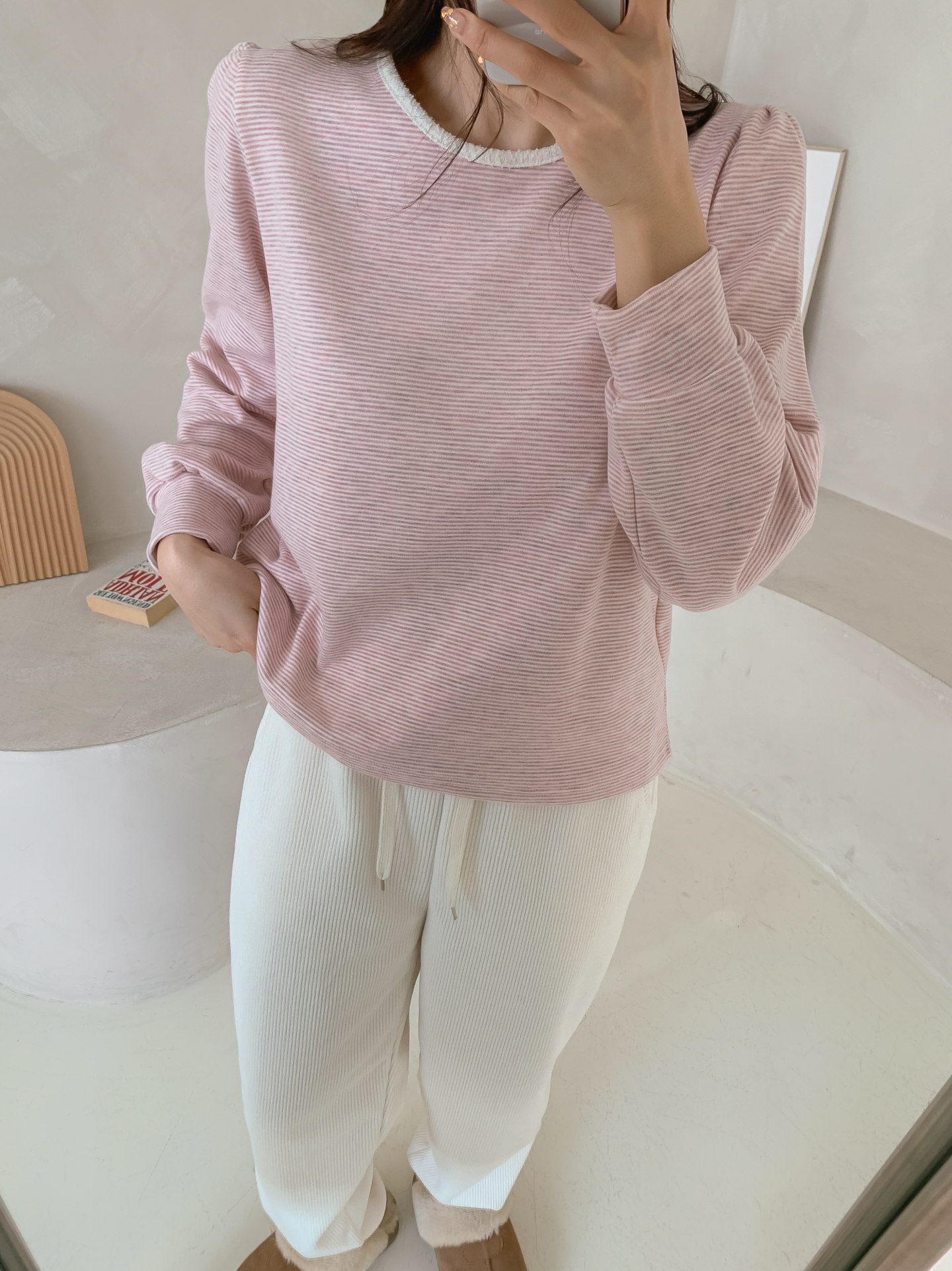 ソフトラウンドネック長袖ボーダー配色Tシャツニット | 詳細画像16