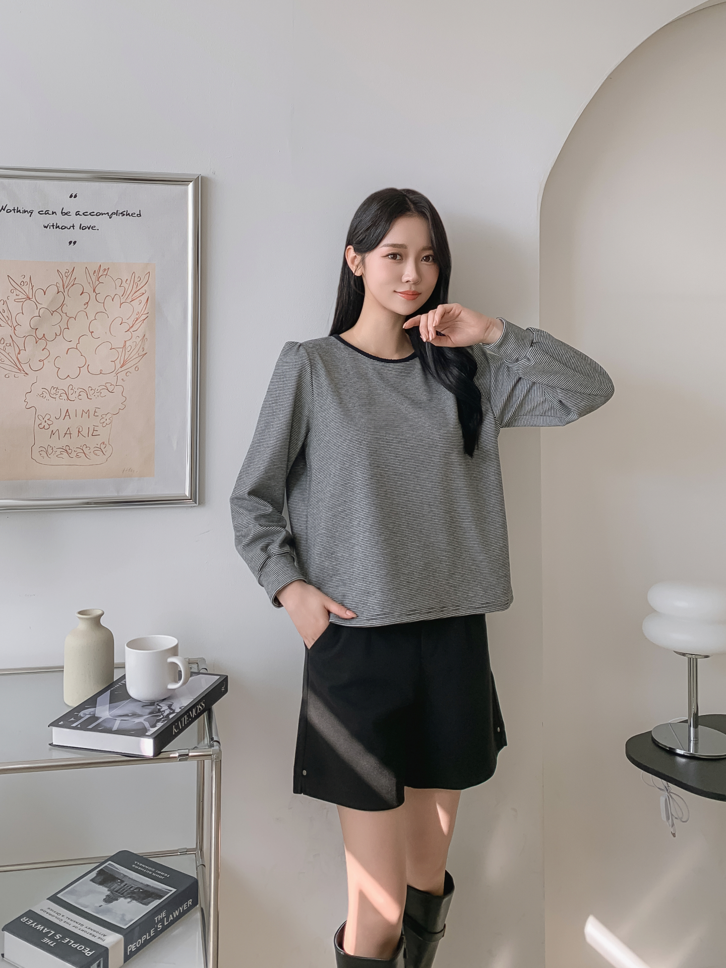 ソフトラウンドネック長袖ボーダー配色Tシャツニット | 詳細画像19