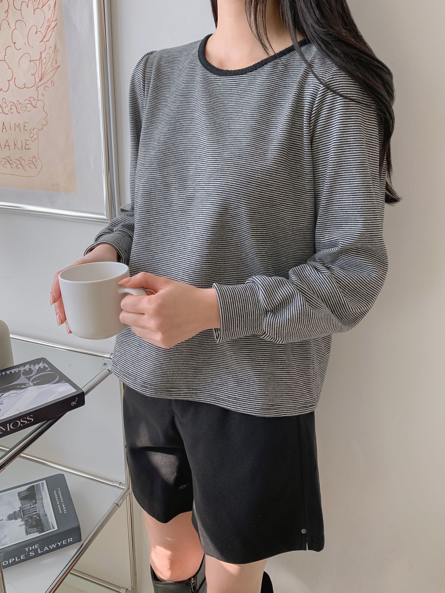 ソフトラウンドネック長袖ボーダー配色Tシャツニット | 詳細画像20