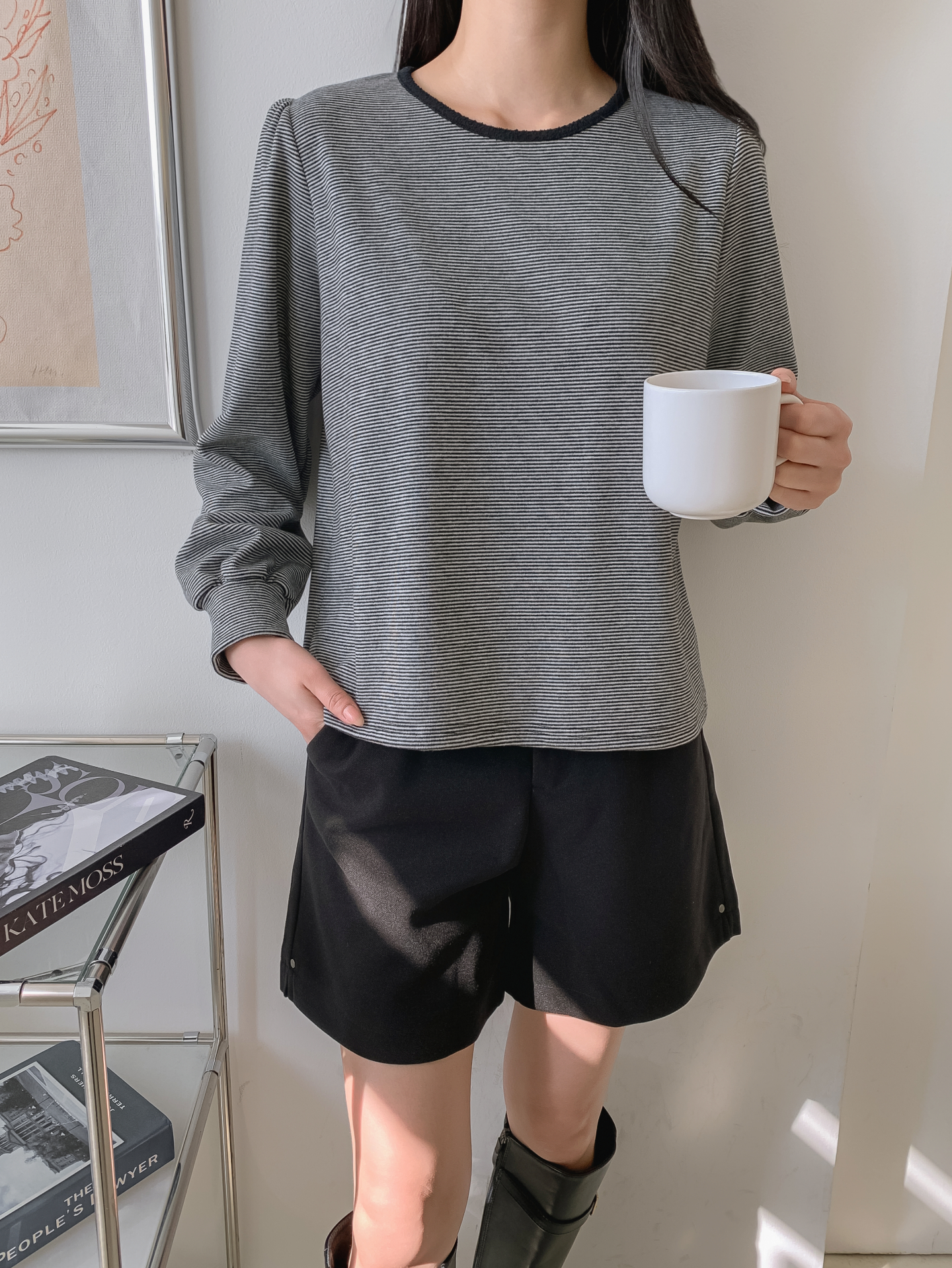 ソフトラウンドネック長袖ボーダー配色Tシャツニット | 詳細画像21