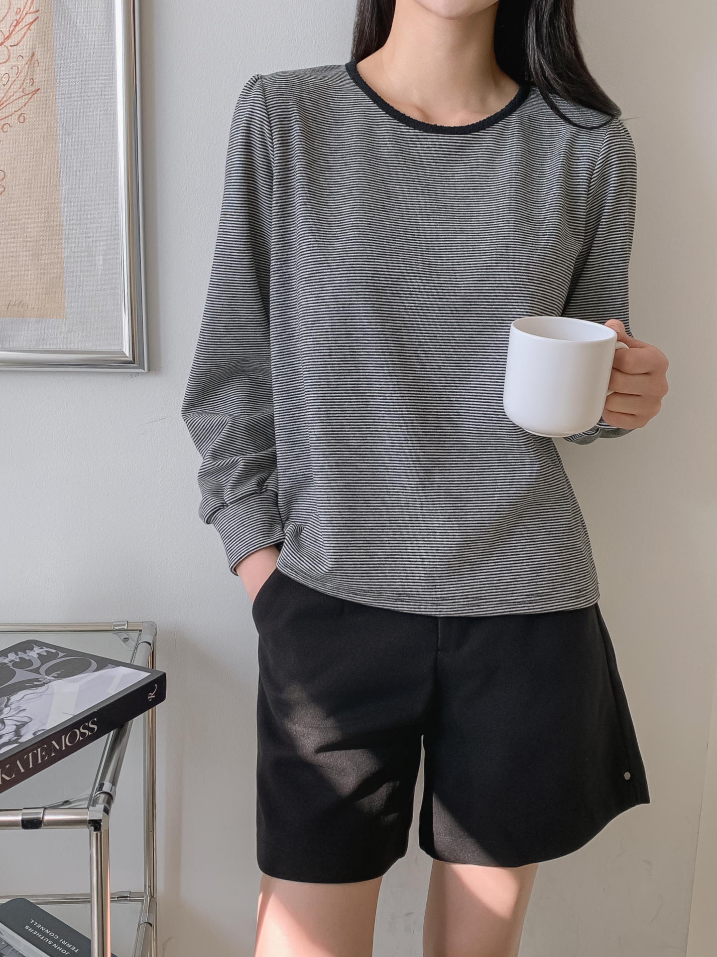 ソフトラウンドネック長袖ボーダー配色Tシャツニット | 詳細画像24