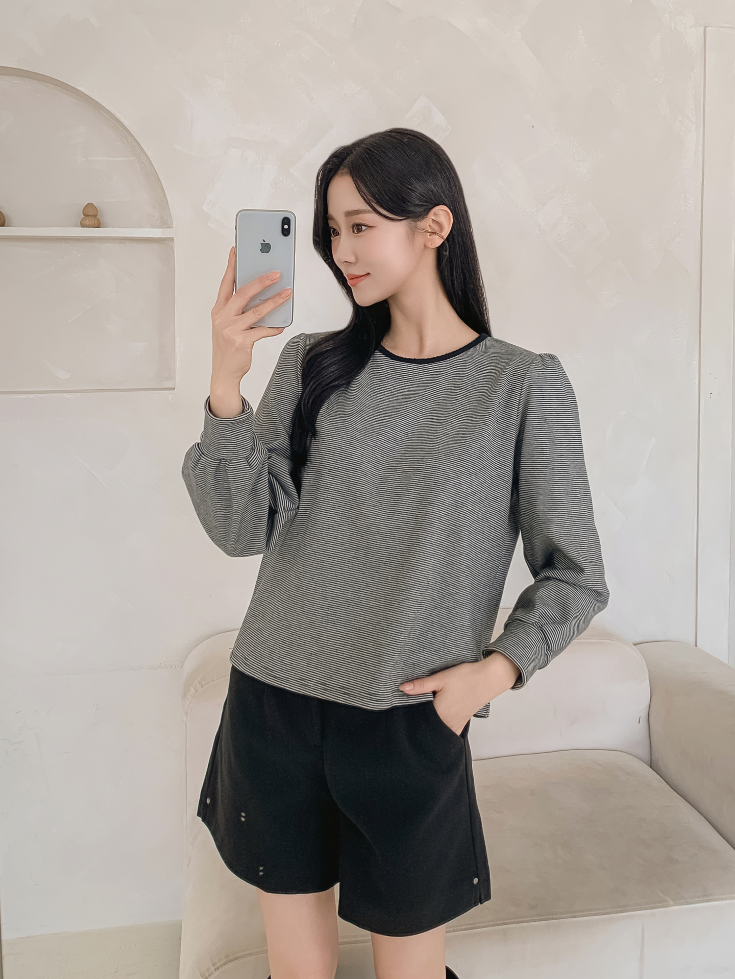 ソフトラウンドネック長袖ボーダー配色Tシャツニット | 詳細画像29