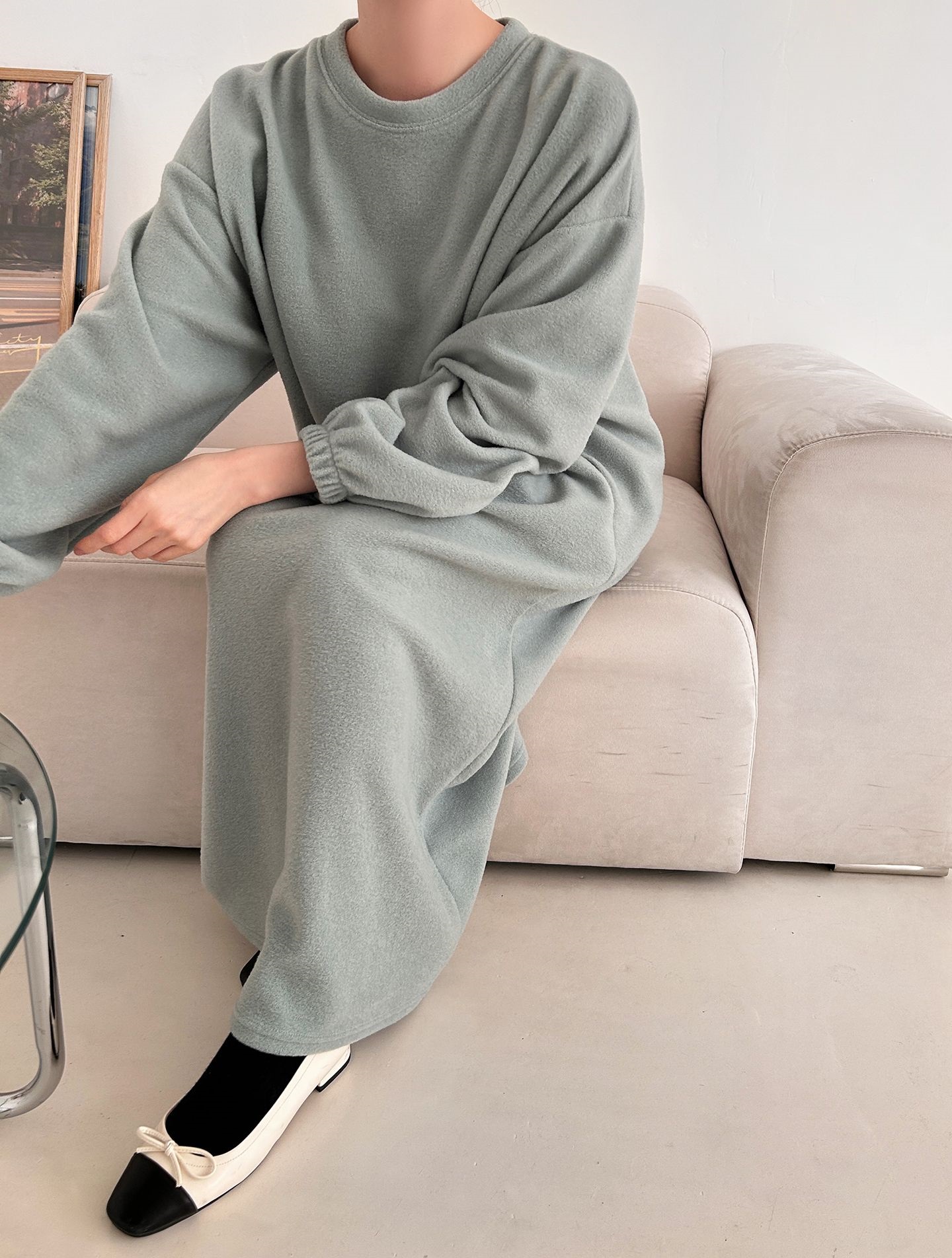 フリースラウンドネックボクシーロング無地カラーワンピース | 詳細画像12