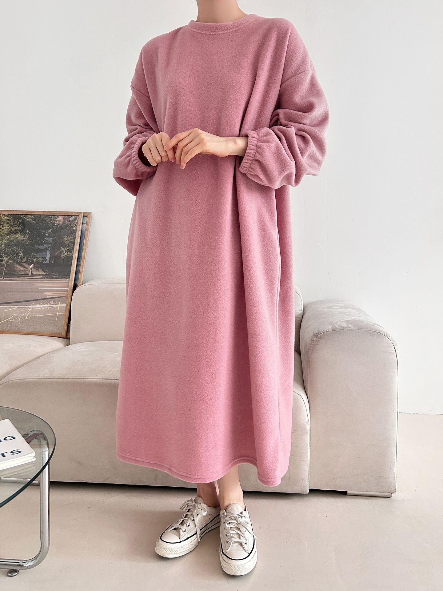 フリースラウンドネックボクシーロング無地カラーワンピース | 詳細画像13