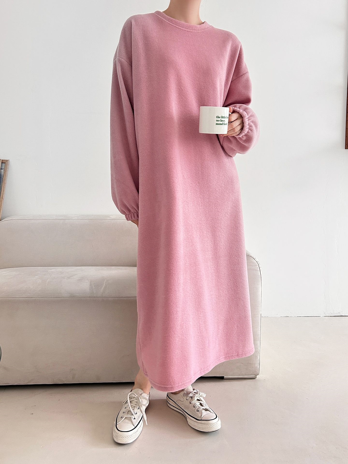 フリースラウンドネックボクシーロング無地カラーワンピース | 詳細画像18