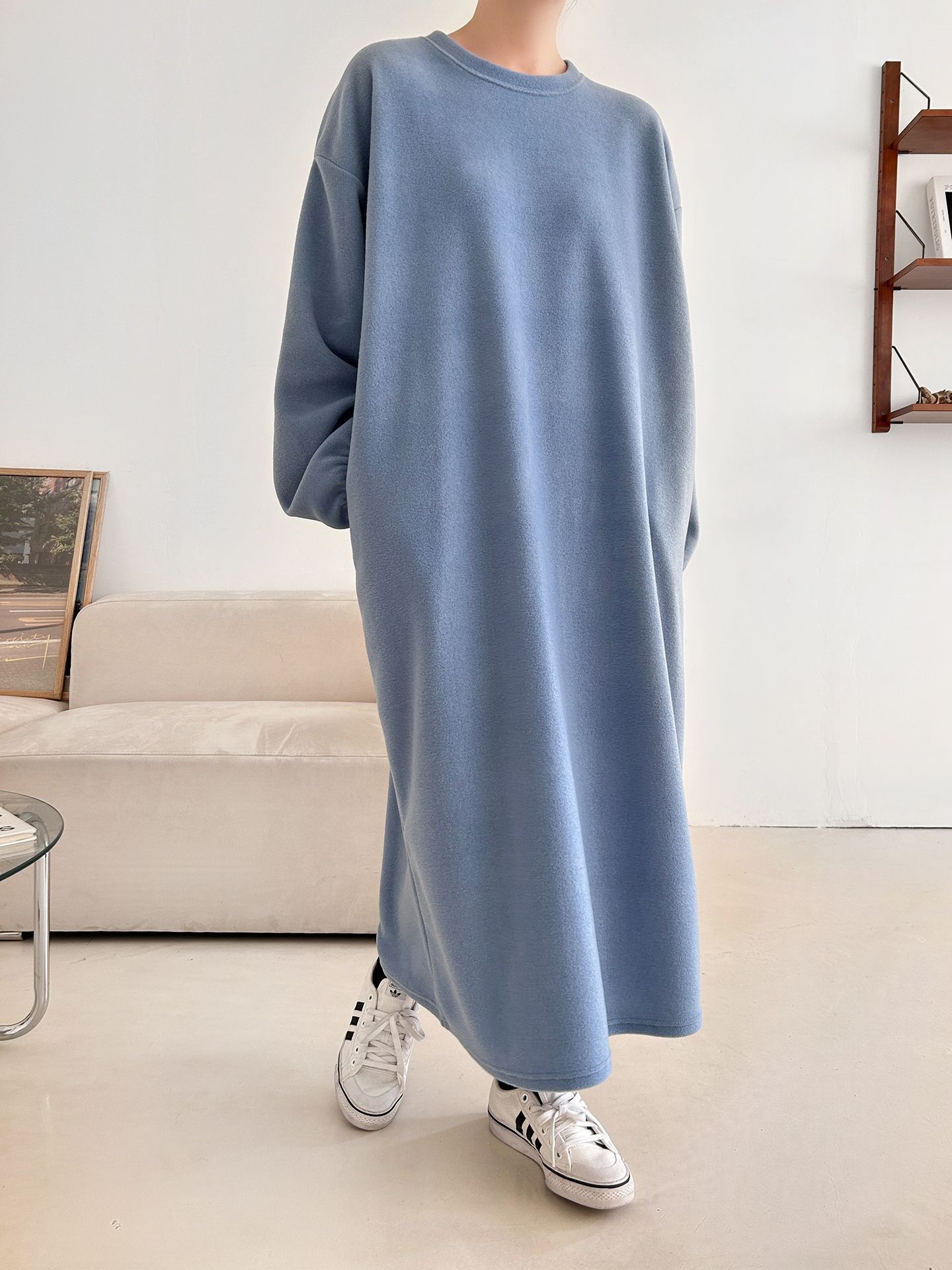 フリースラウンドネックボクシーロング無地カラーワンピース | 詳細画像26