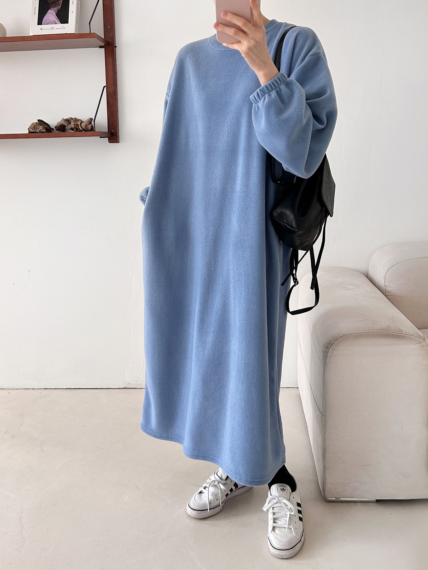 フリースラウンドネックボクシーロング無地カラーワンピース | 詳細画像27