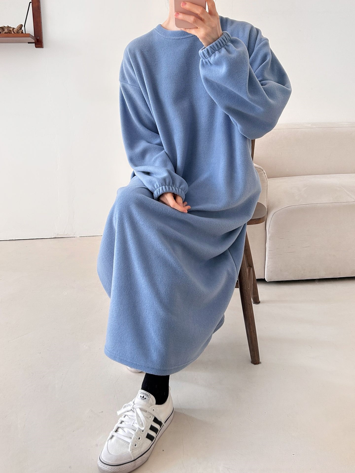 フリースラウンドネックボクシーロング無地カラーワンピース | 詳細画像28