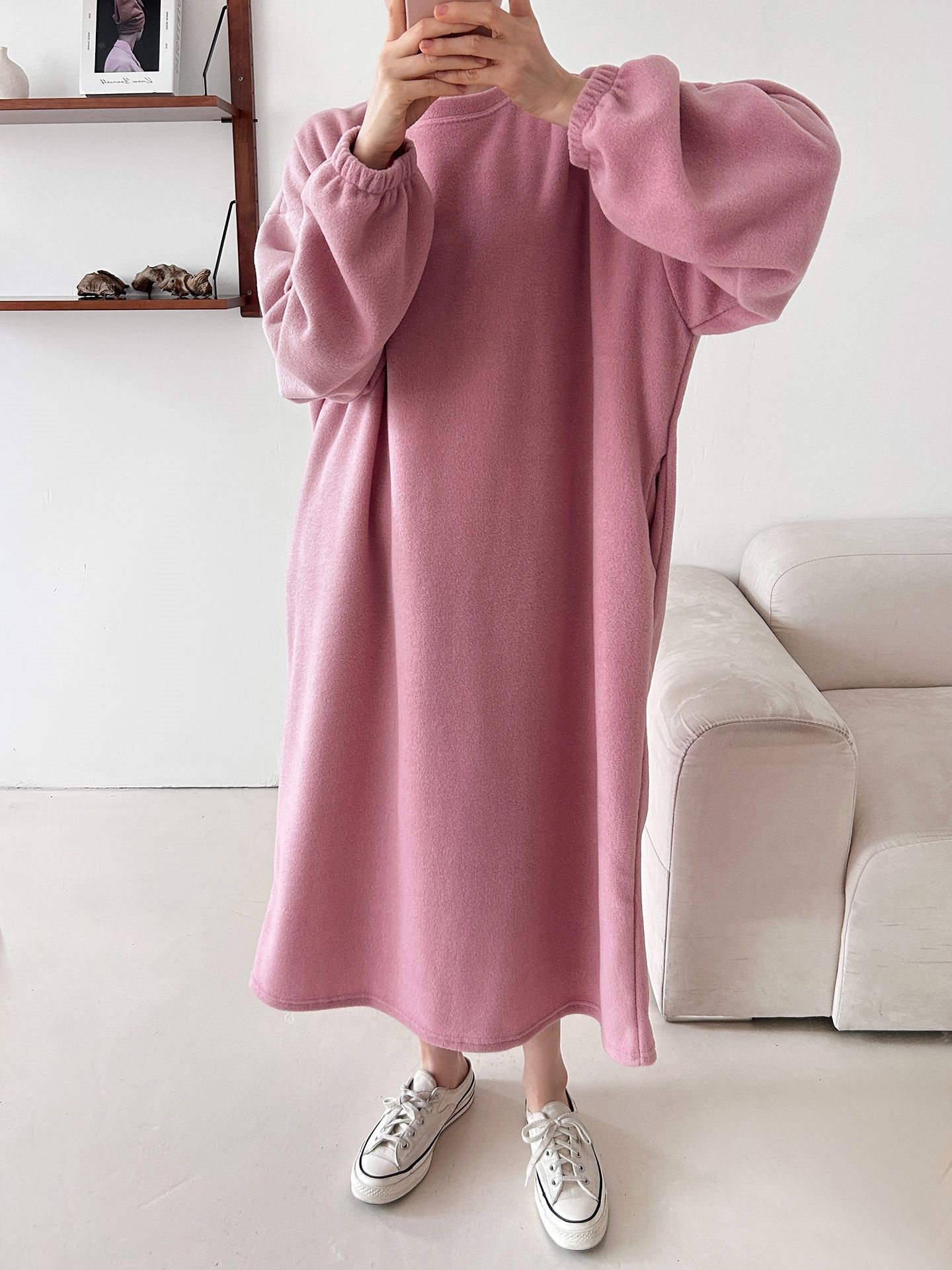 フリースラウンドネックボクシーロング無地カラーワンピース | 詳細画像33