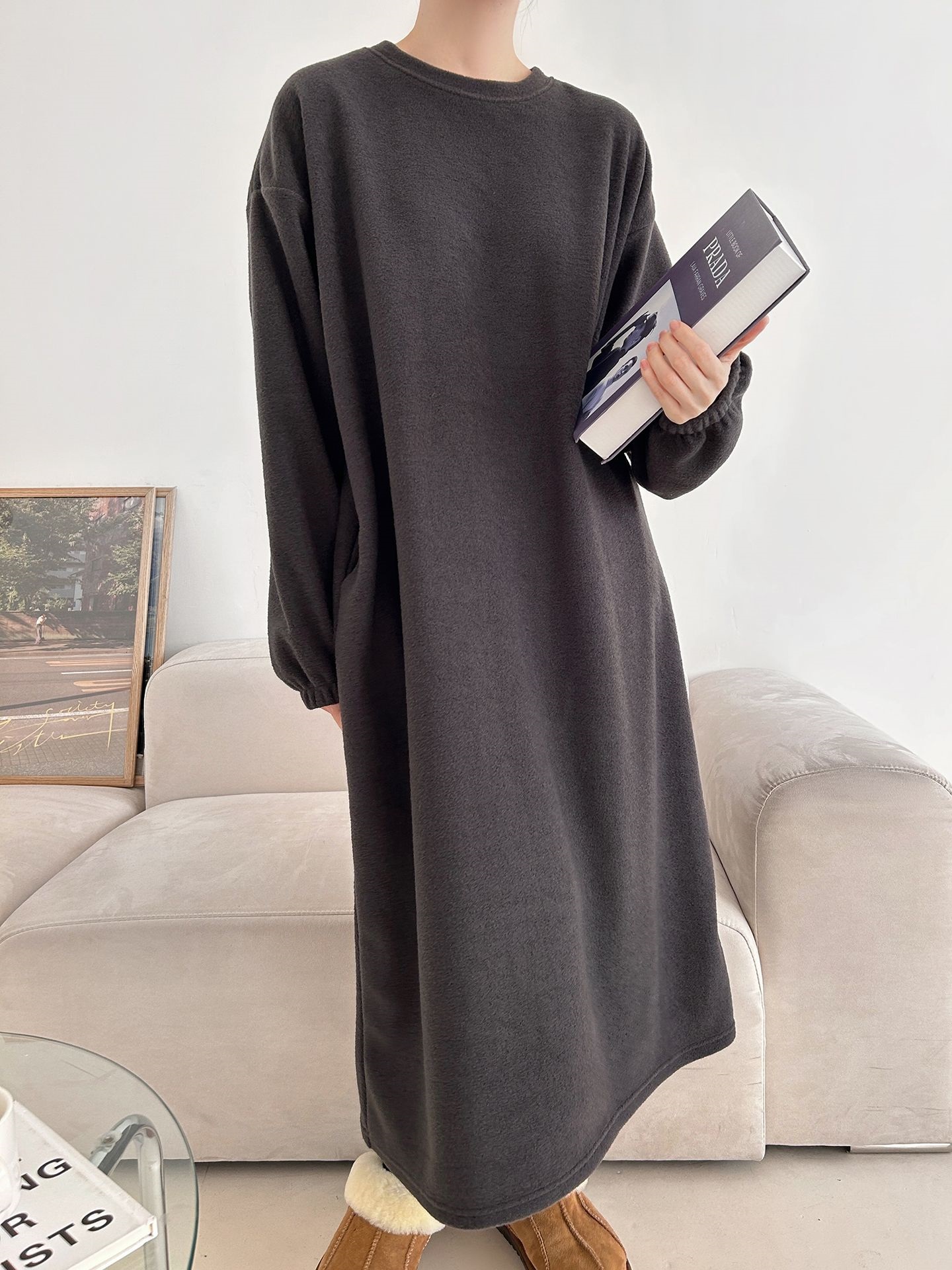 フリースラウンドネックボクシーロング無地カラーワンピース | 詳細画像37