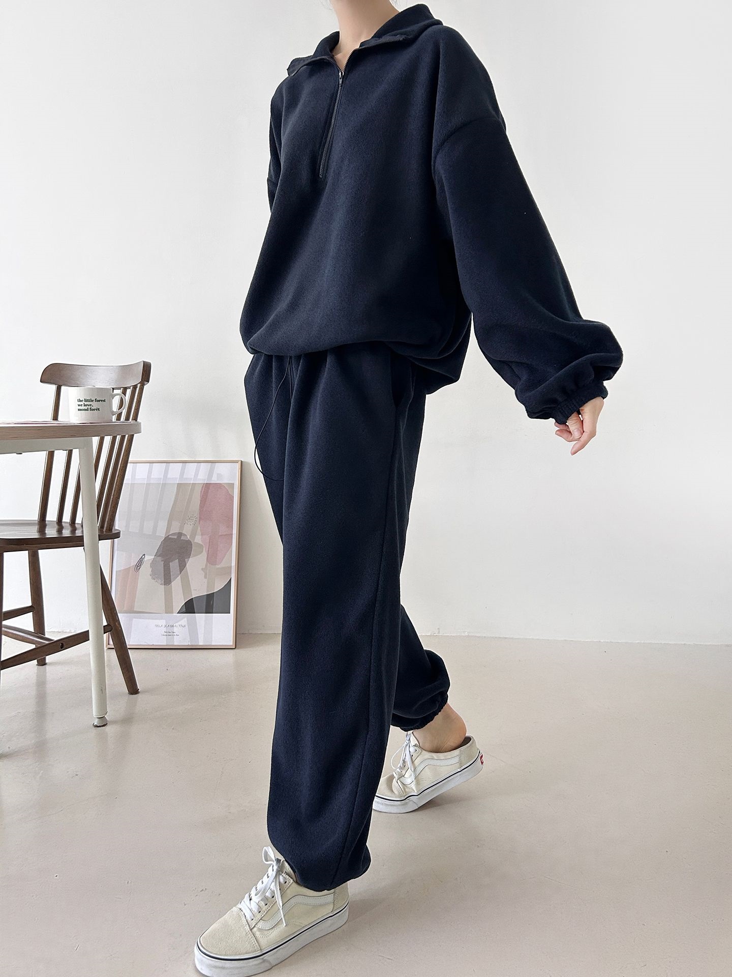 フリースハイネックハーフジップウエストゴムジョガーカラーセットアップ | 詳細画像5
