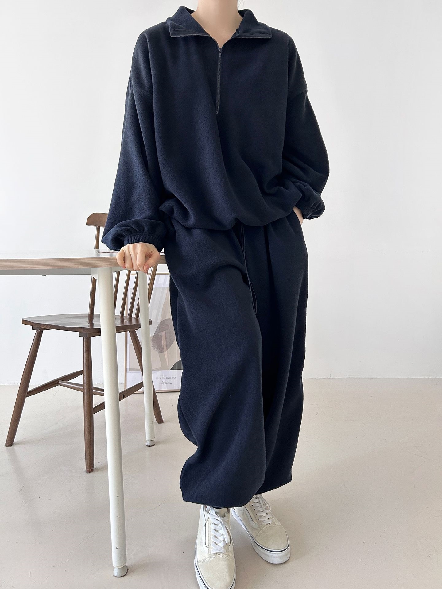 フリースハイネックハーフジップウエストゴムジョガーカラーセットアップ | 詳細画像6