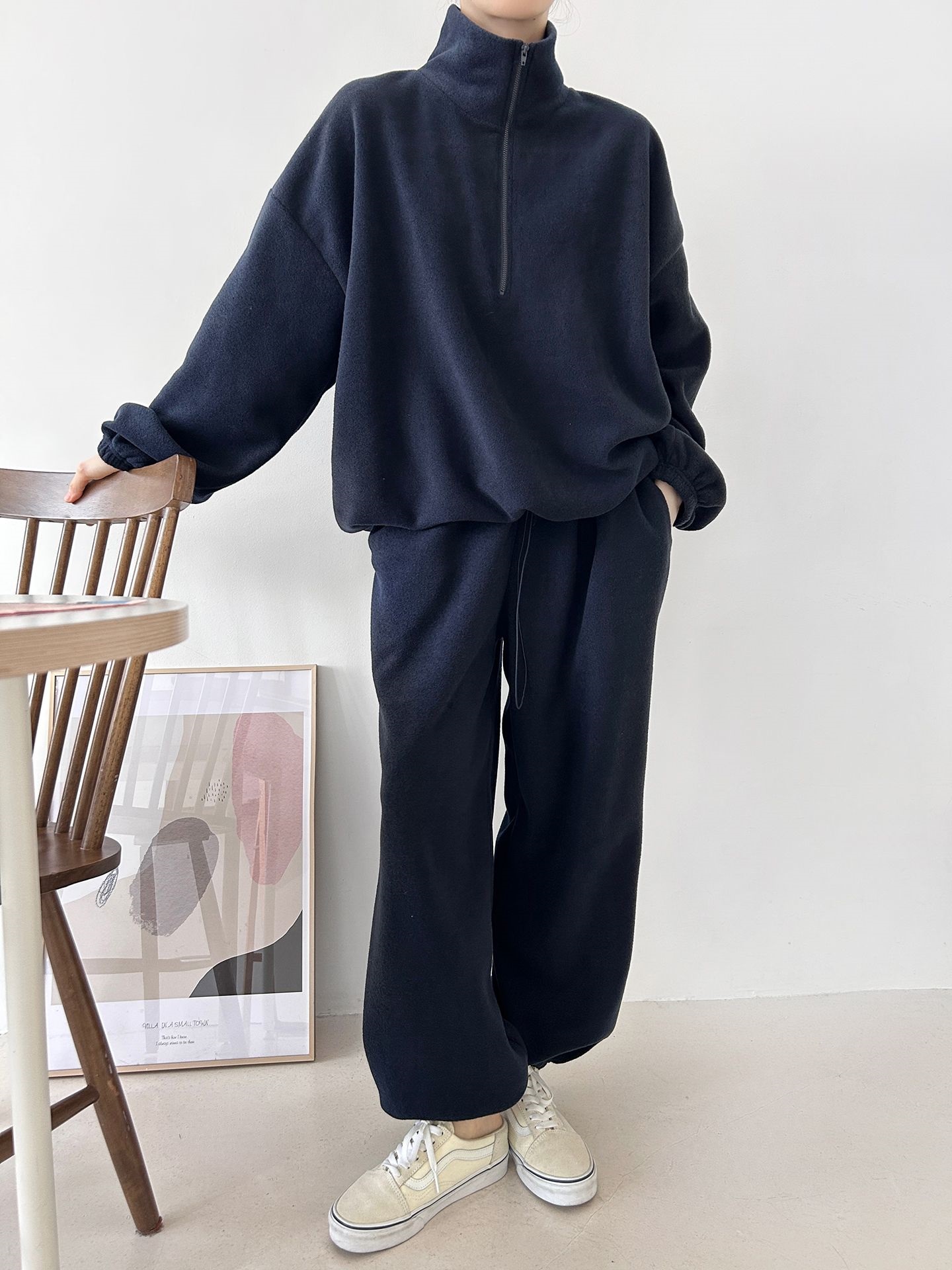 フリースハイネックハーフジップウエストゴムジョガーカラーセットアップ | 詳細画像7