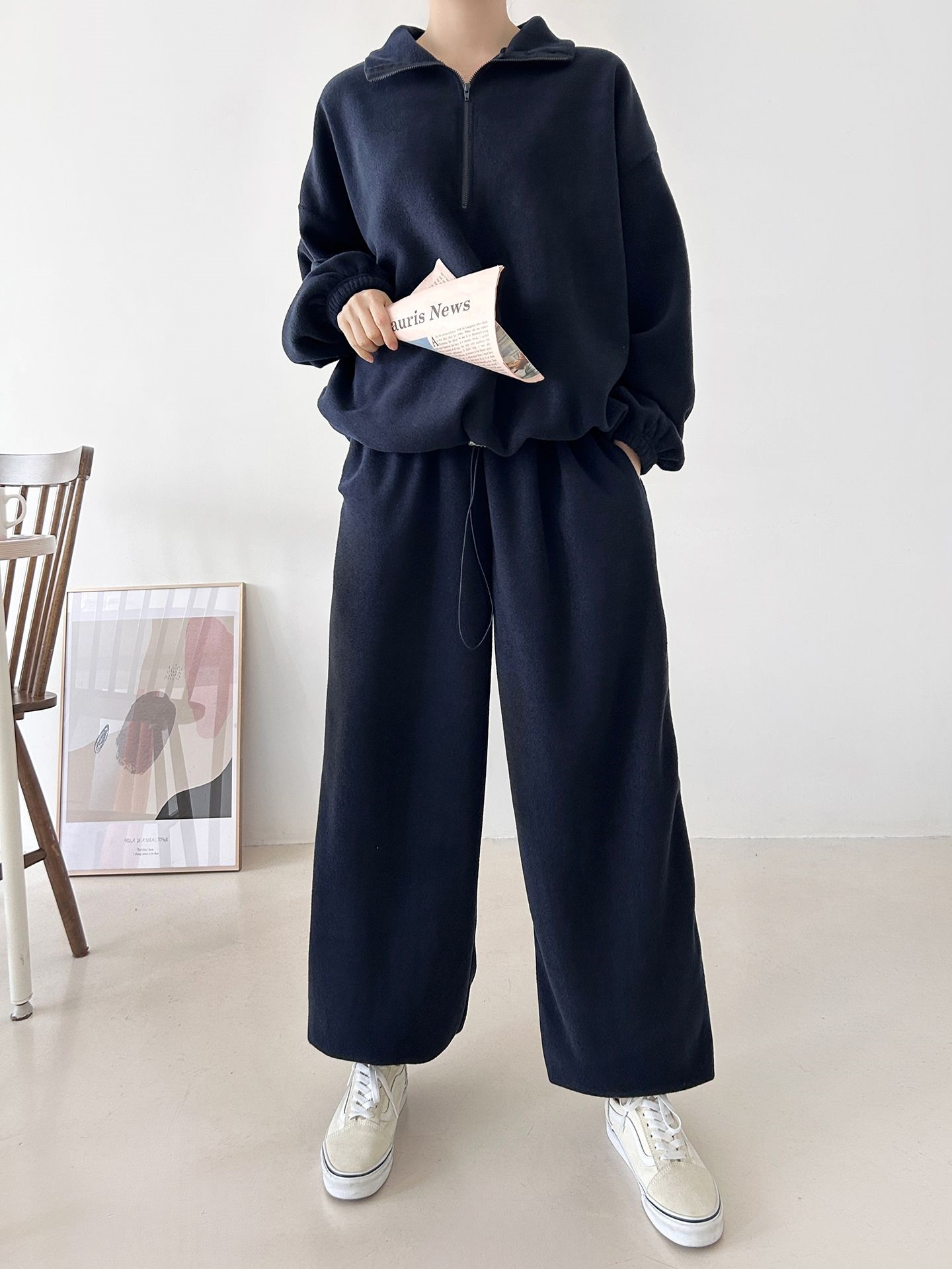 フリースハイネックハーフジップウエストゴムジョガーカラーセットアップ | 詳細画像8