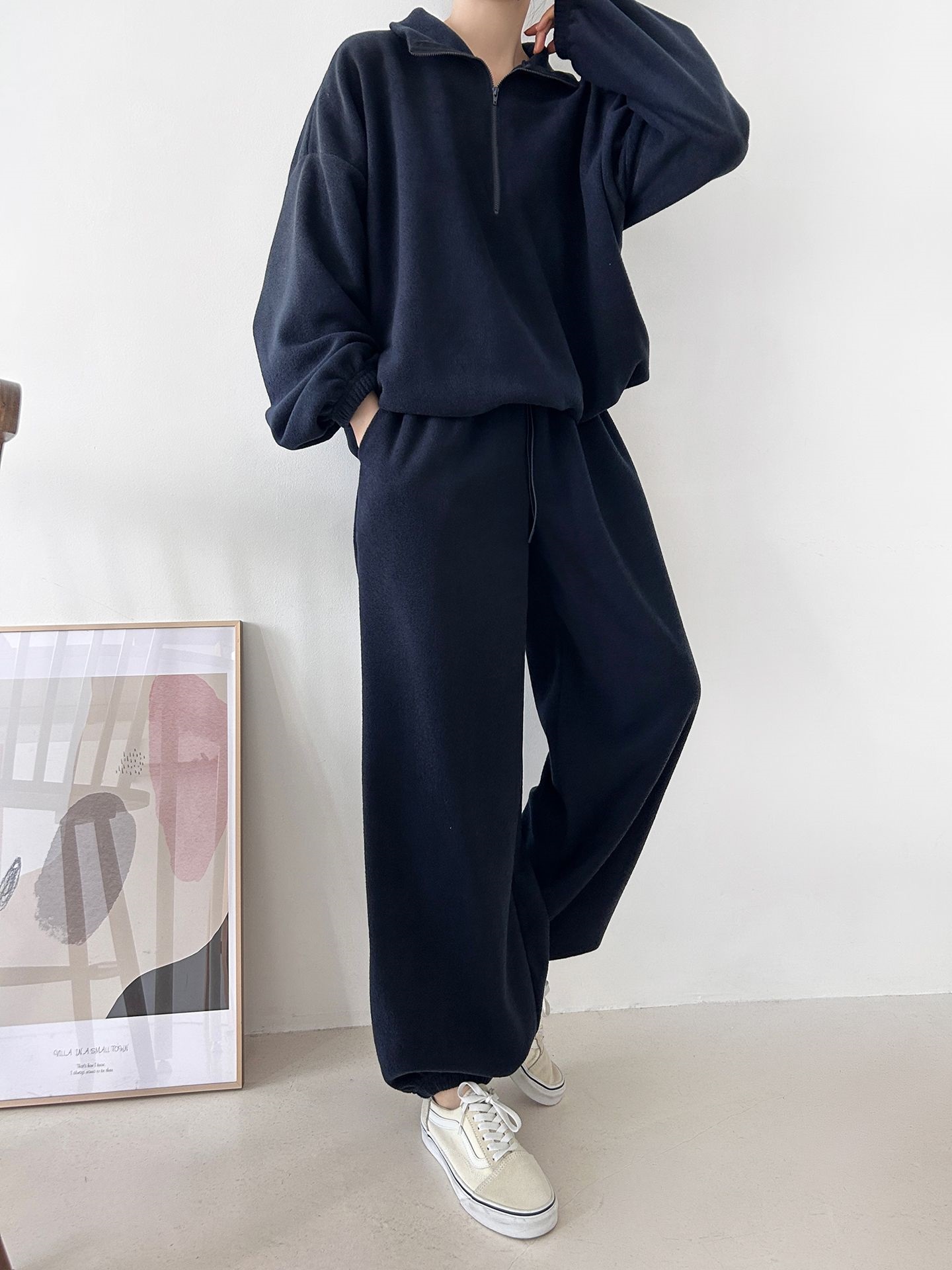 フリースハイネックハーフジップウエストゴムジョガーカラーセットアップ | 詳細画像9