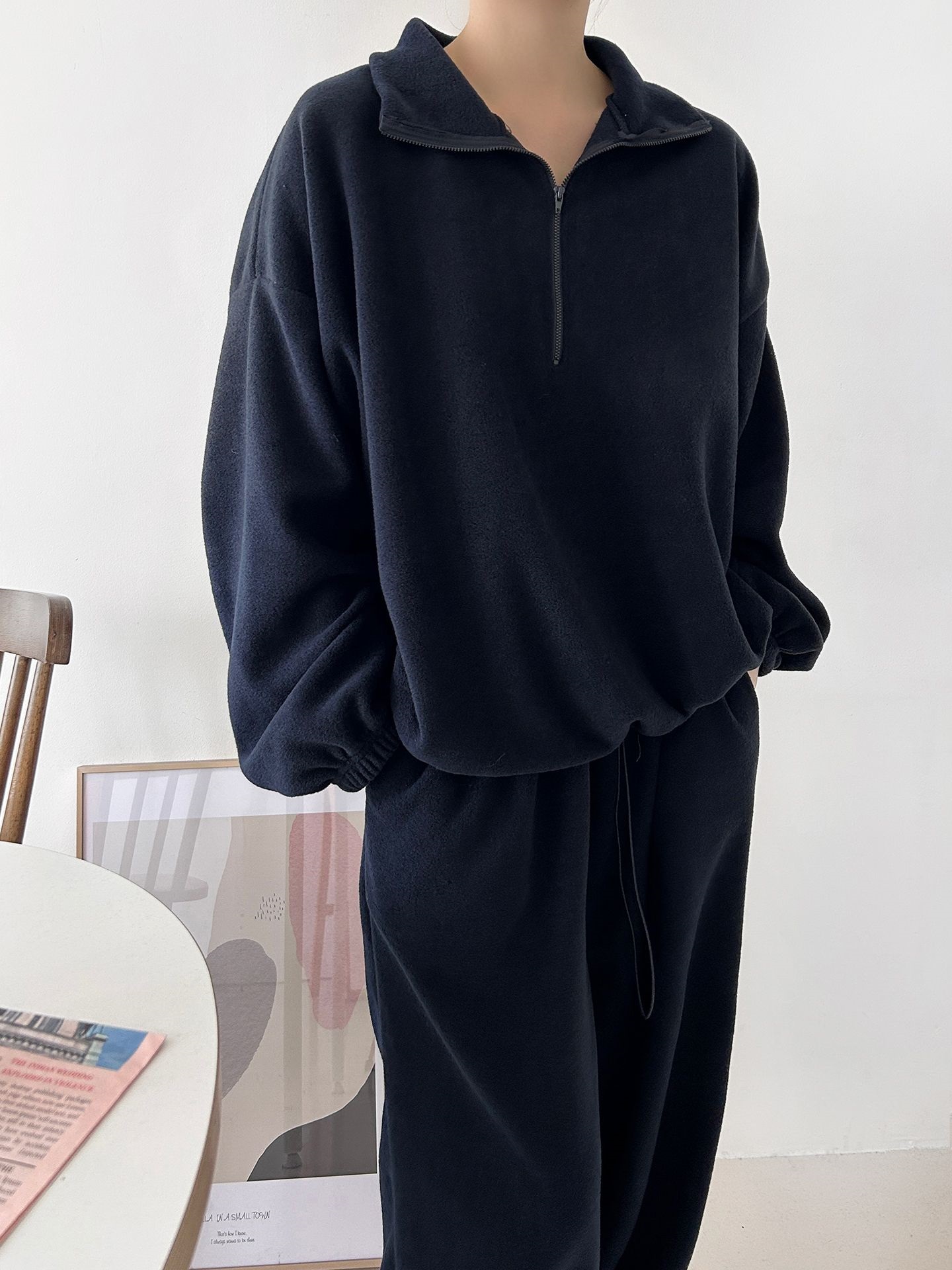 フリースハイネックハーフジップウエストゴムジョガーカラーセットアップ | 詳細画像11