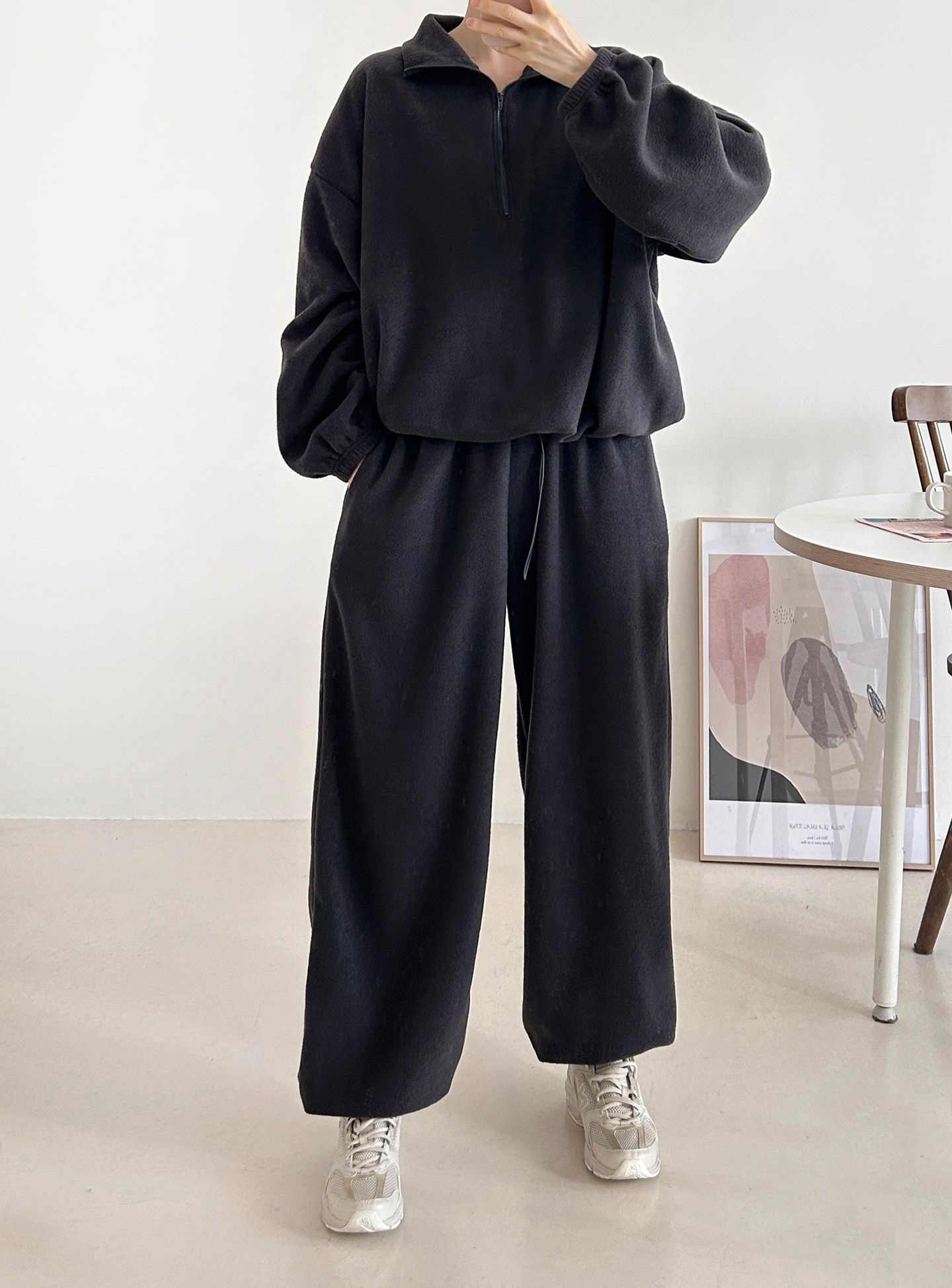 フリースハイネックハーフジップウエストゴムジョガーカラーセットアップ | 詳細画像13