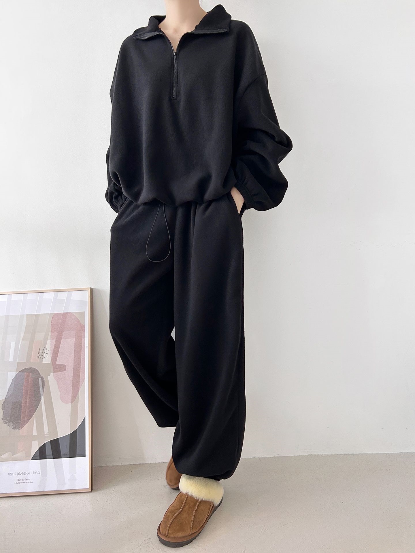 フリースハイネックハーフジップウエストゴムジョガーカラーセットアップ | 詳細画像16