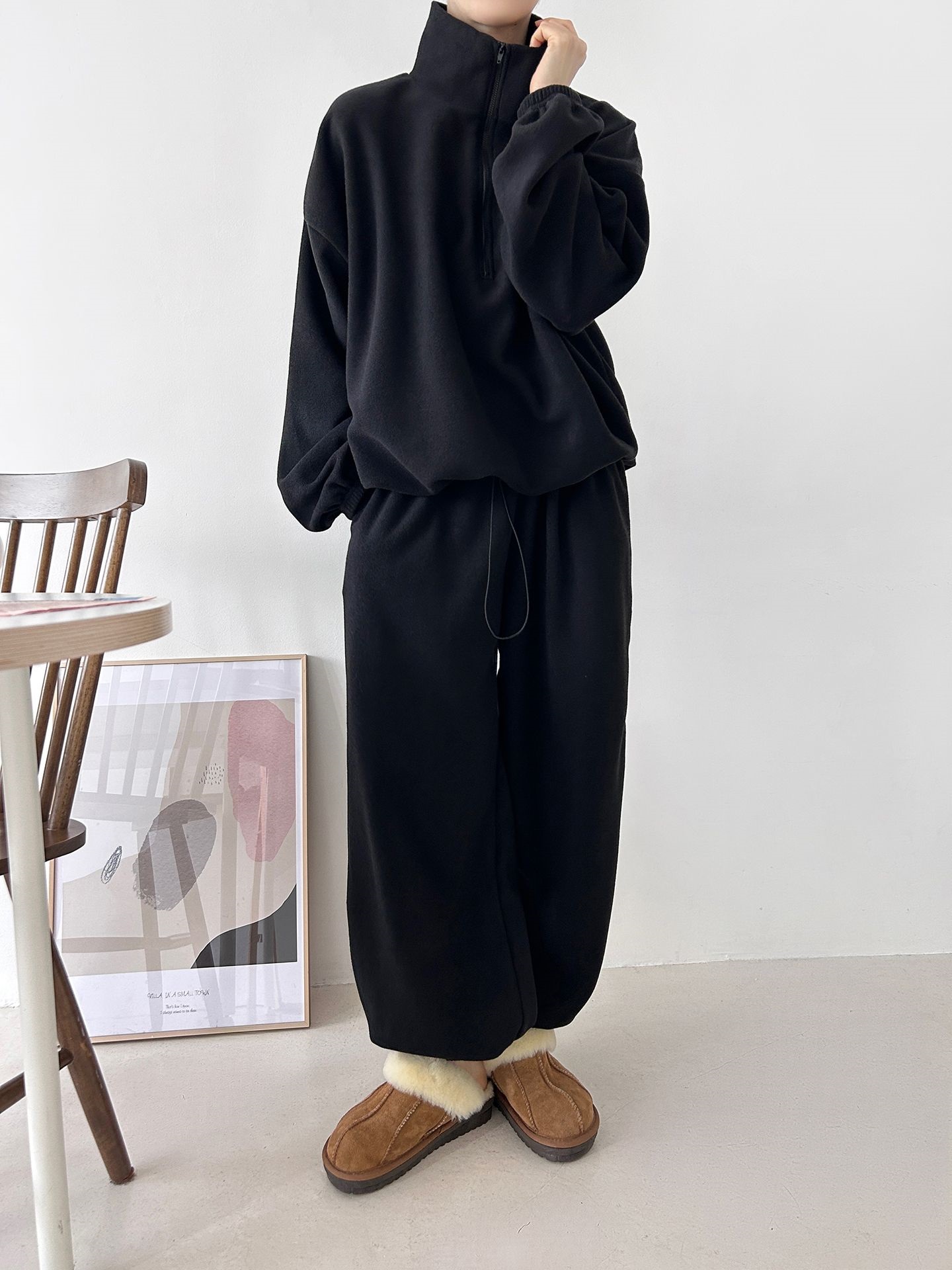 フリースハイネックハーフジップウエストゴムジョガーカラーセットアップ | 詳細画像17