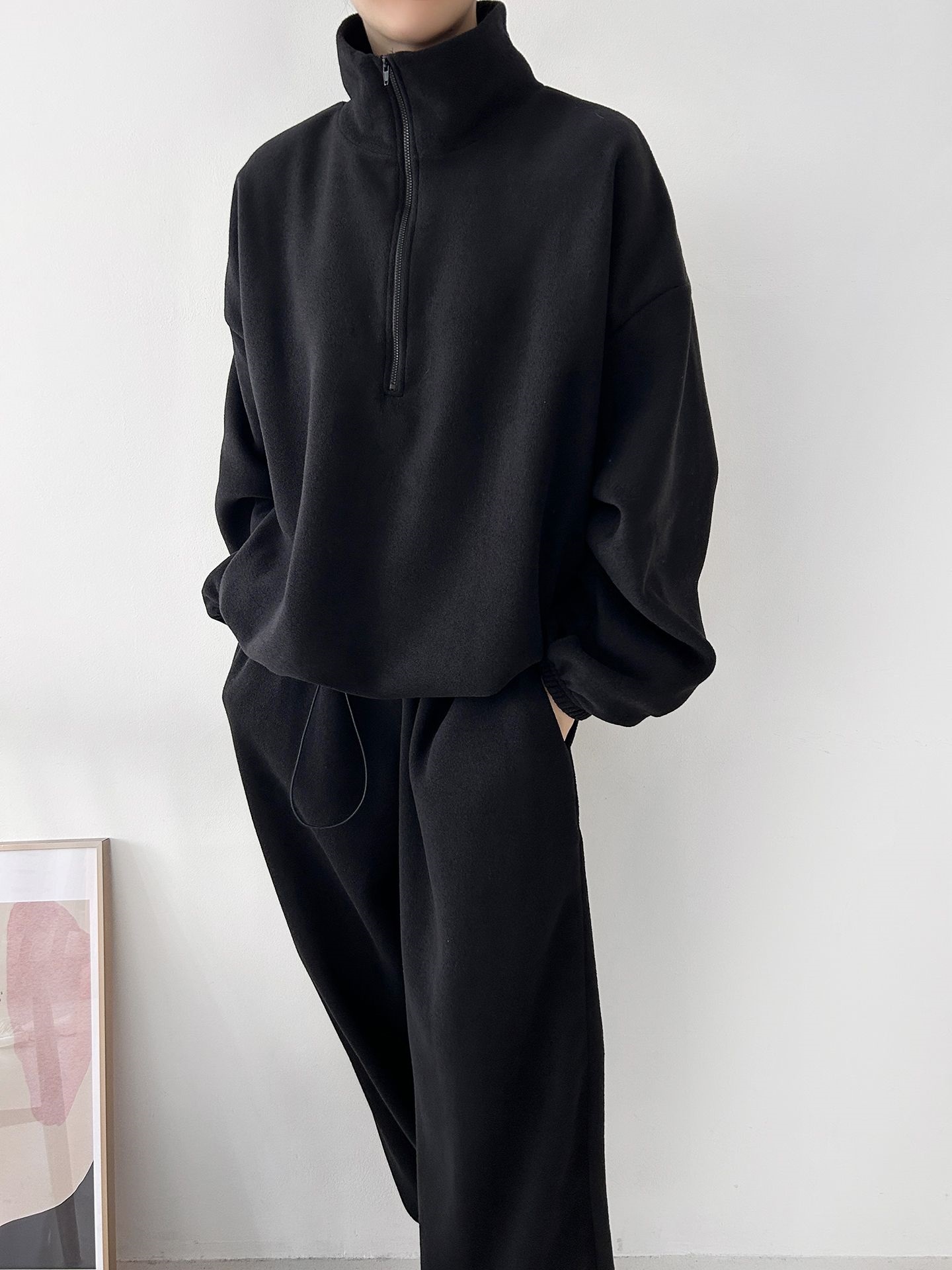 フリースハイネックハーフジップウエストゴムジョガーカラーセットアップ | 詳細画像18