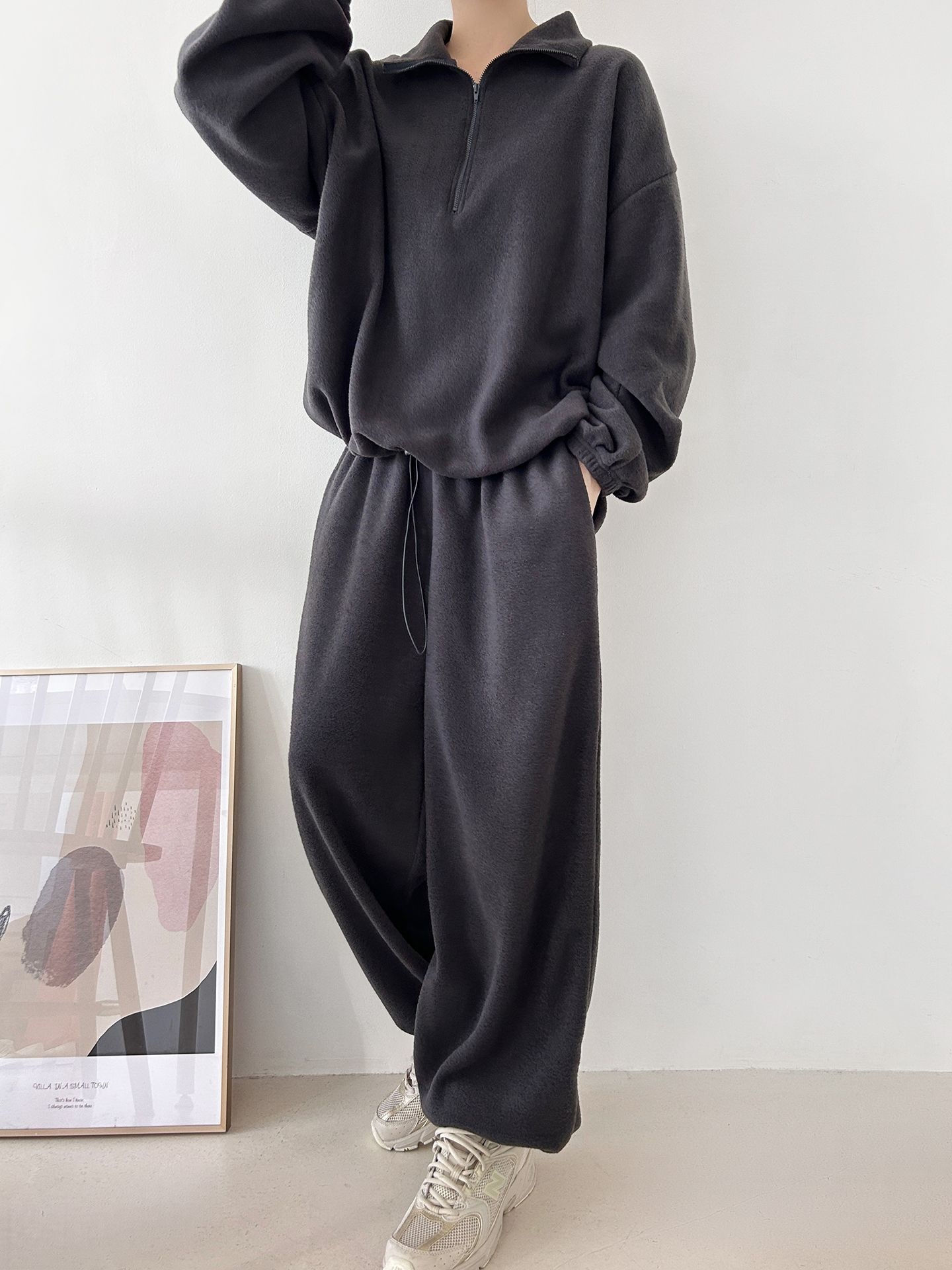 フリースハイネックハーフジップウエストゴムジョガーカラーセットアップ | 詳細画像19