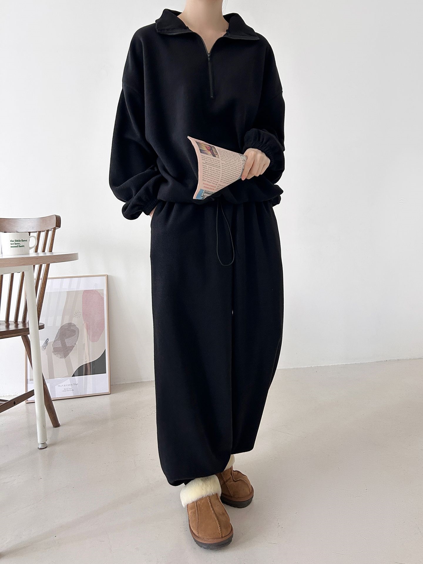 フリースハイネックハーフジップウエストゴムジョガーカラーセットアップ | 詳細画像20