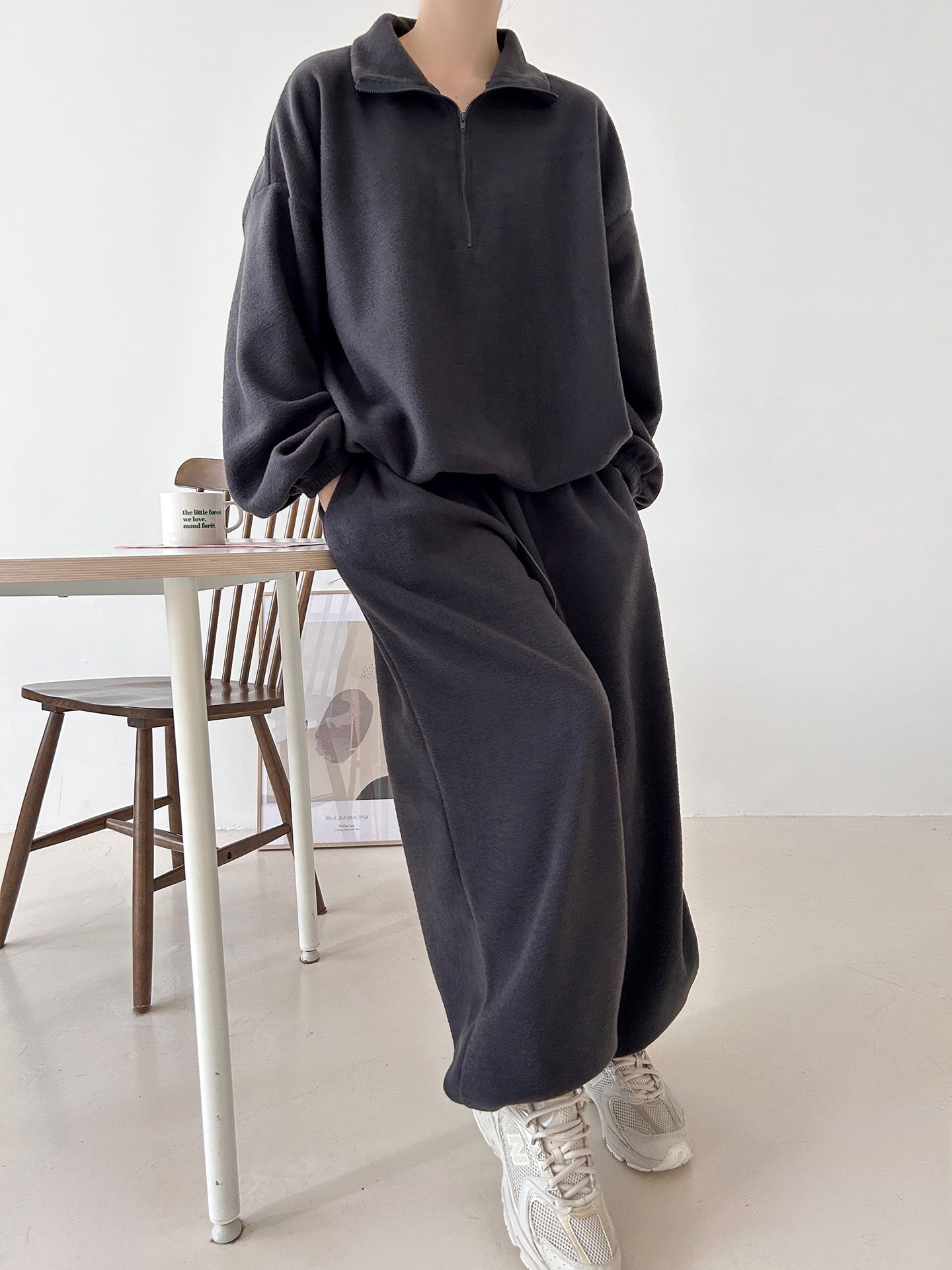 フリースハイネックハーフジップウエストゴムジョガーカラーセットアップ | 詳細画像21
