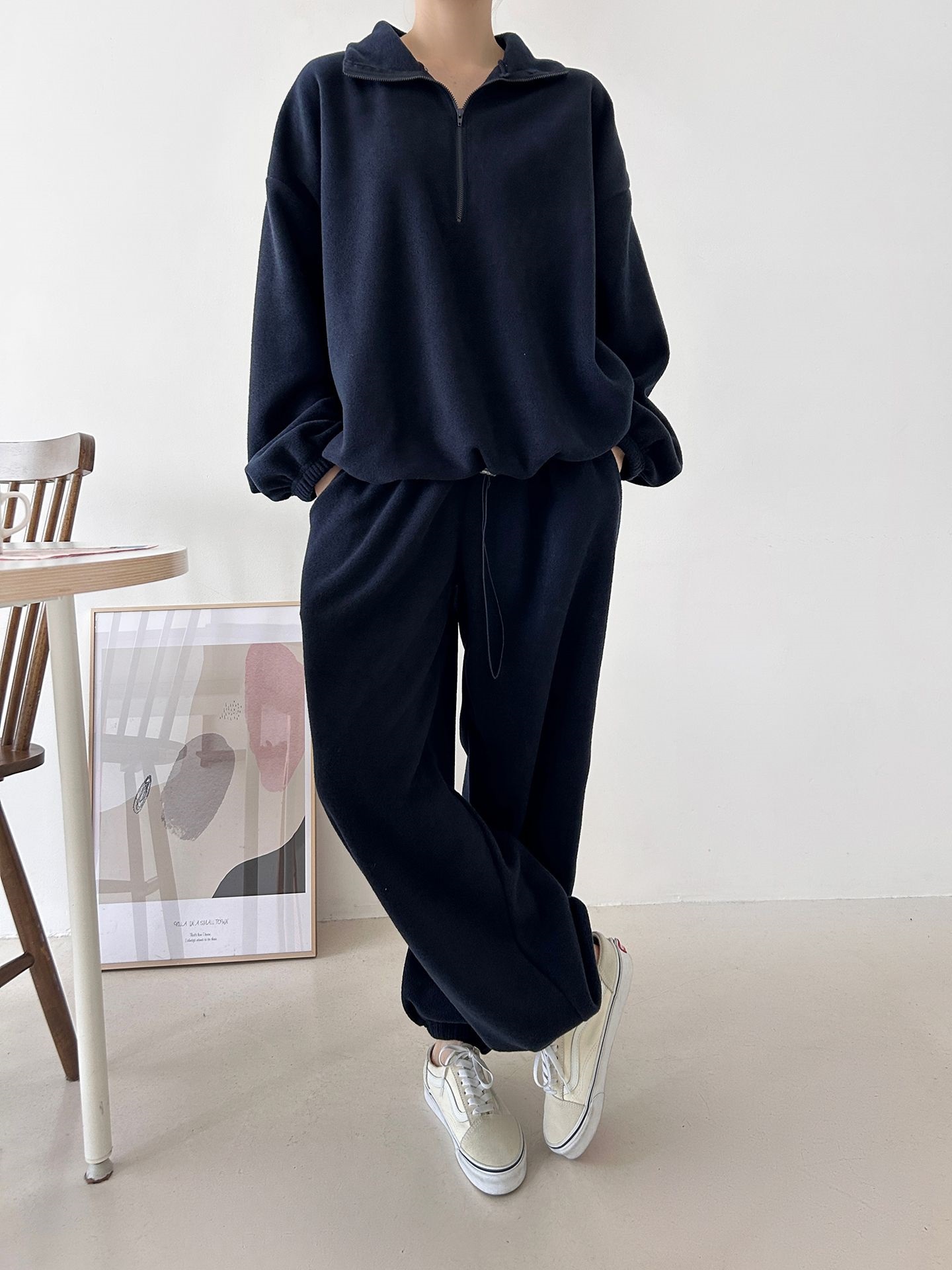 フリースハイネックハーフジップウエストゴムジョガーカラーセットアップ | 詳細画像25