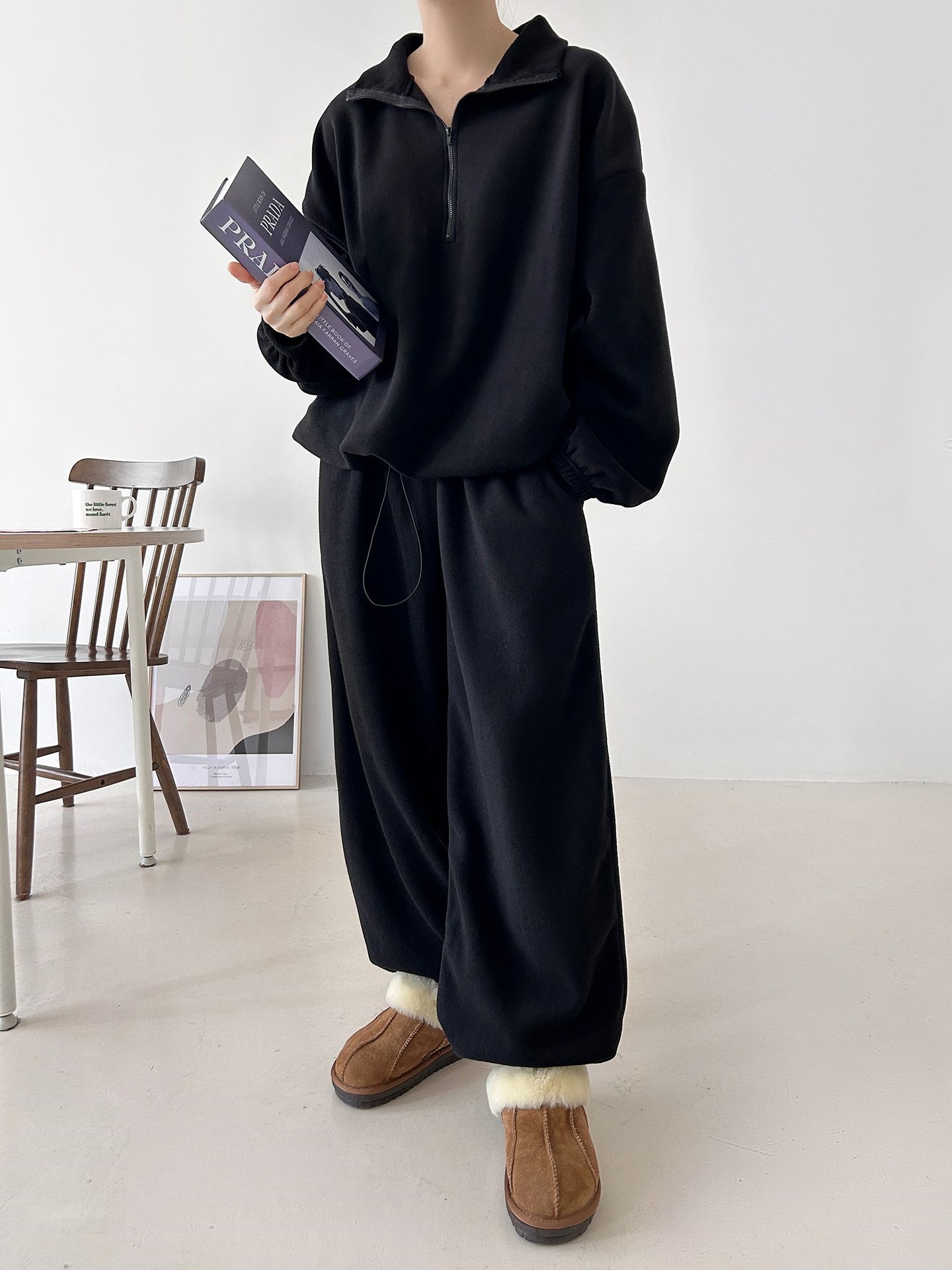 フリースハイネックハーフジップウエストゴムジョガーカラーセットアップ | 詳細画像26