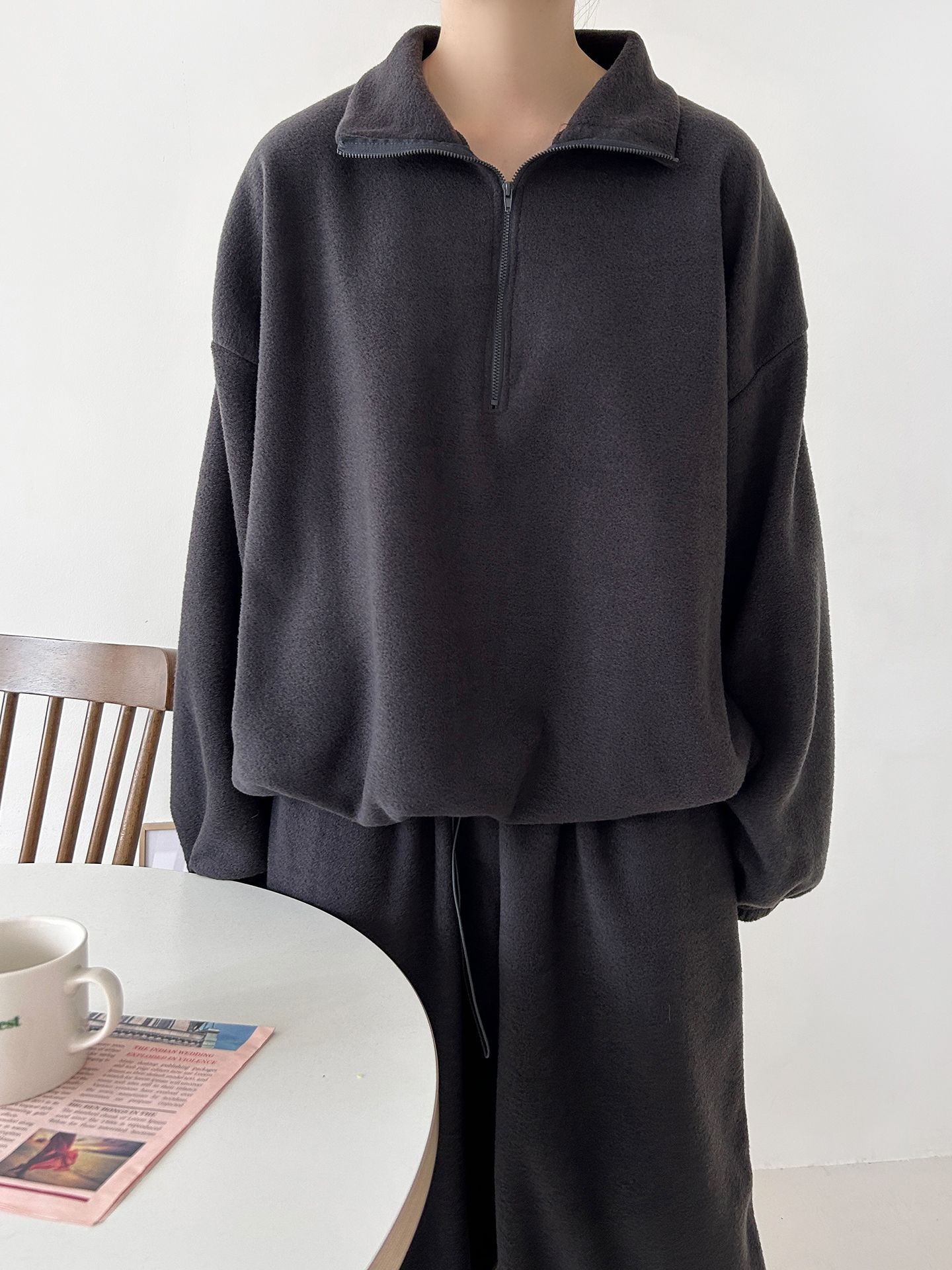 フリースハイネックハーフジップウエストゴムジョガーカラーセットアップ | 詳細画像28