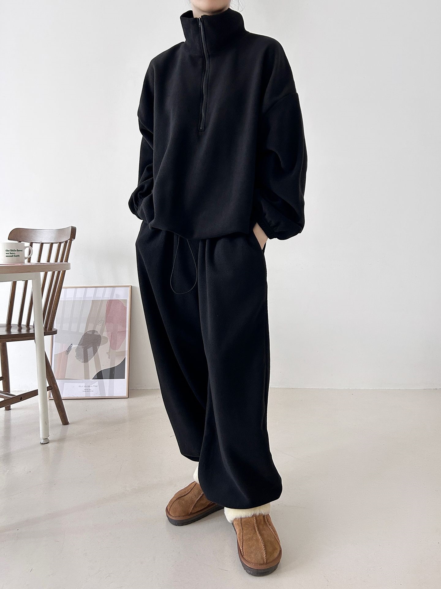 フリースハイネックハーフジップウエストゴムジョガーカラーセットアップ | 詳細画像29