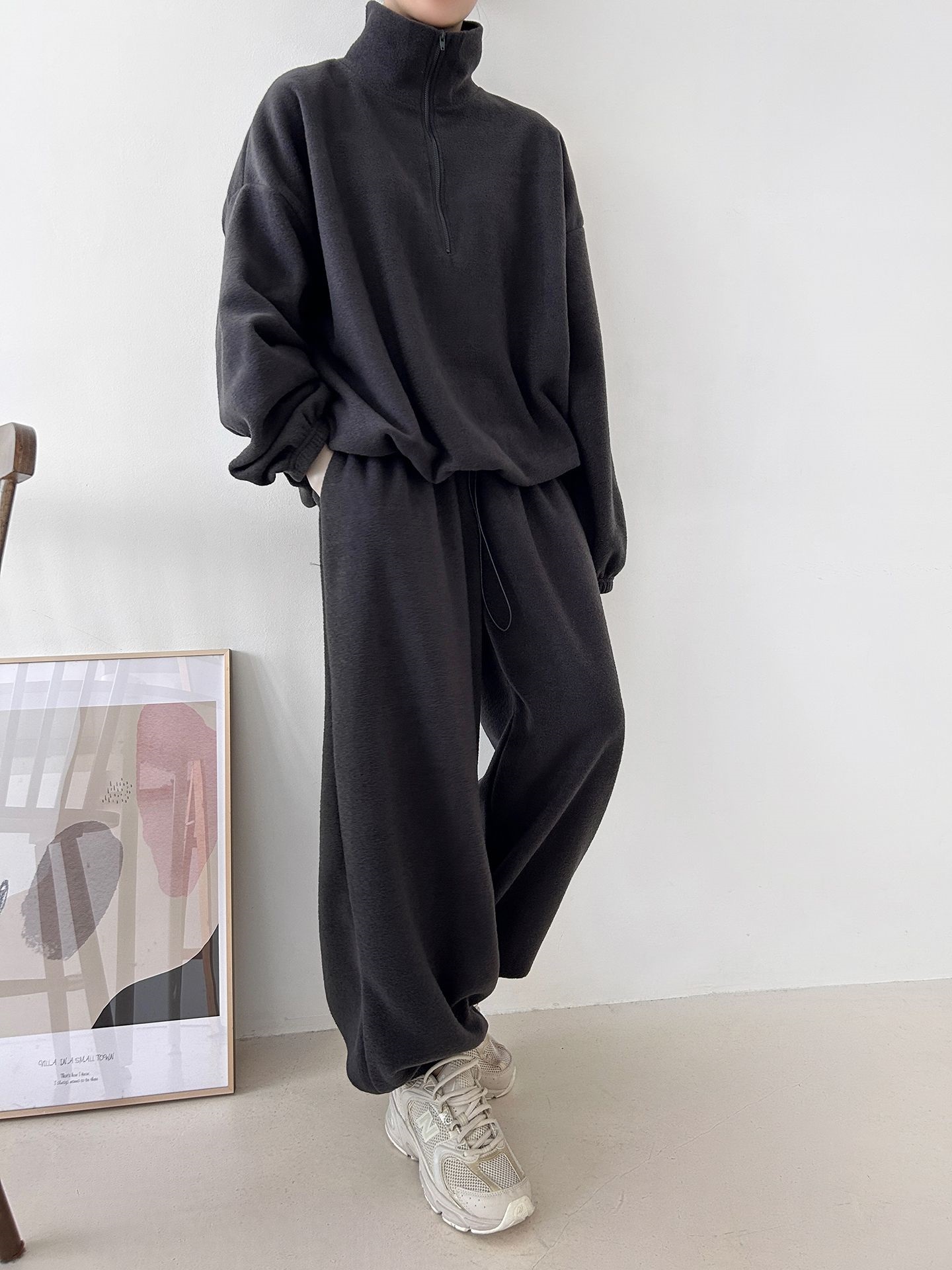 フリースハイネックハーフジップウエストゴムジョガーカラーセットアップ | 詳細画像31