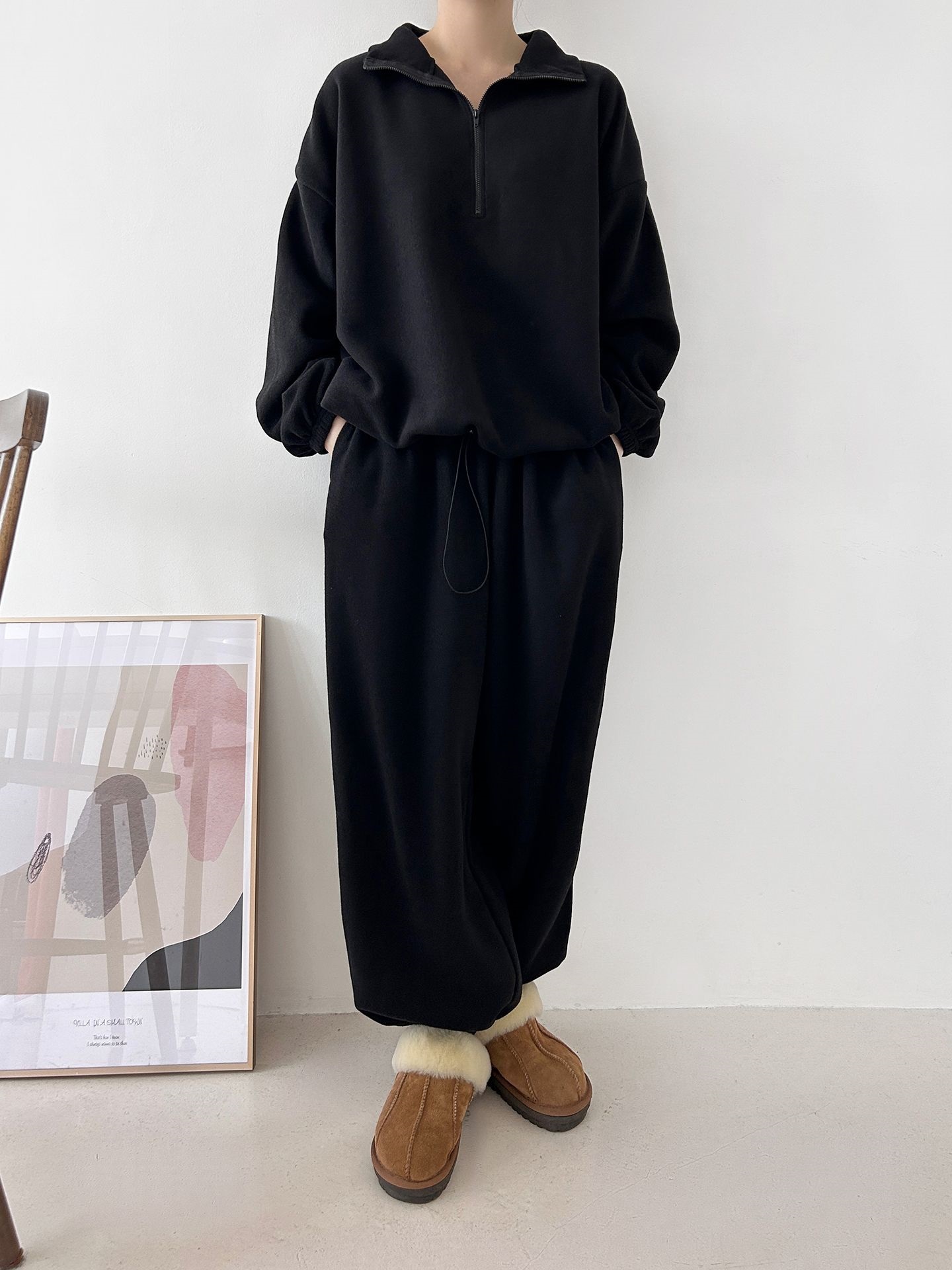 フリースハイネックハーフジップウエストゴムジョガーカラーセットアップ | 詳細画像32