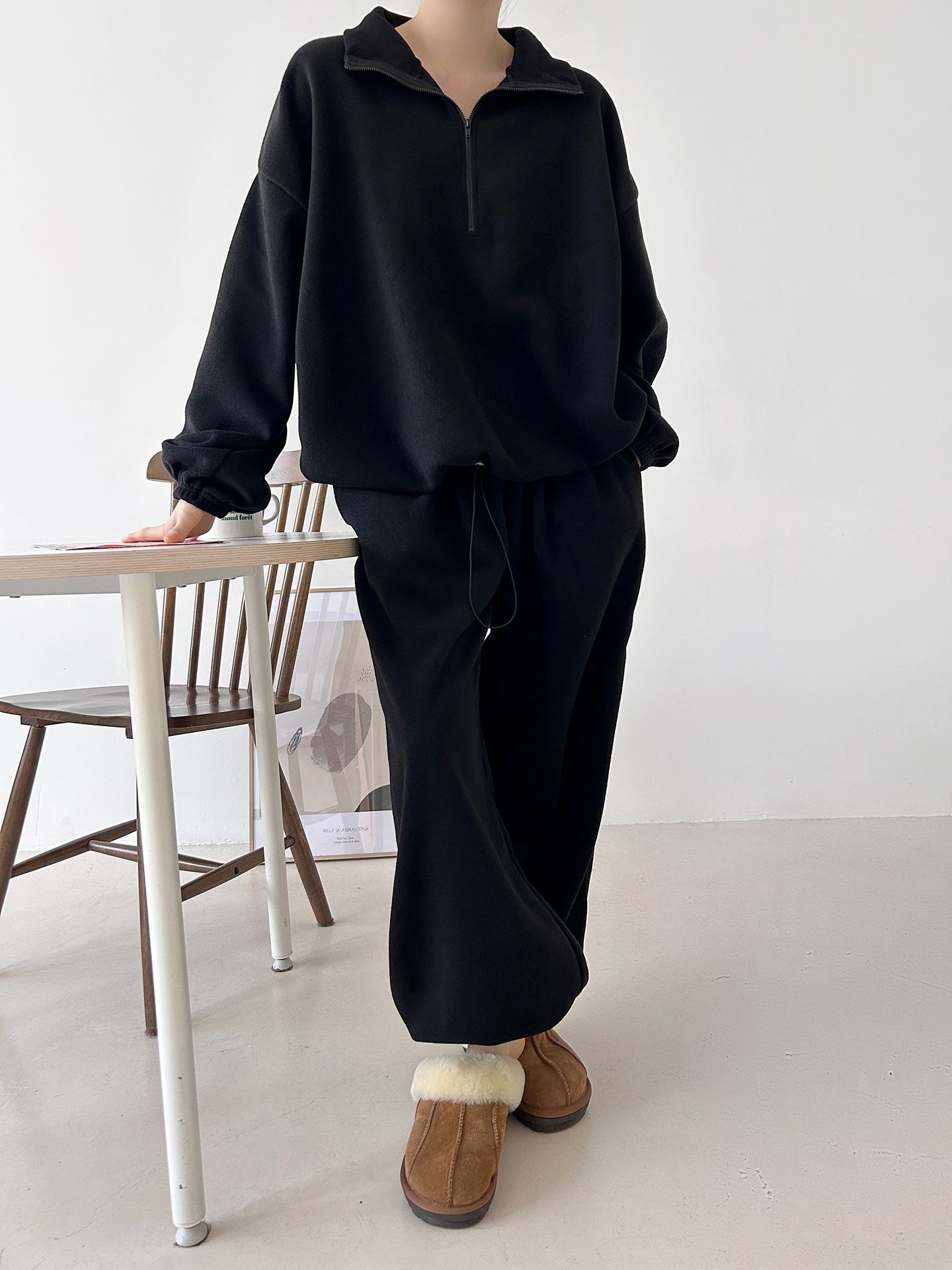 フリースハイネックハーフジップウエストゴムジョガーカラーセットアップ | 詳細画像35