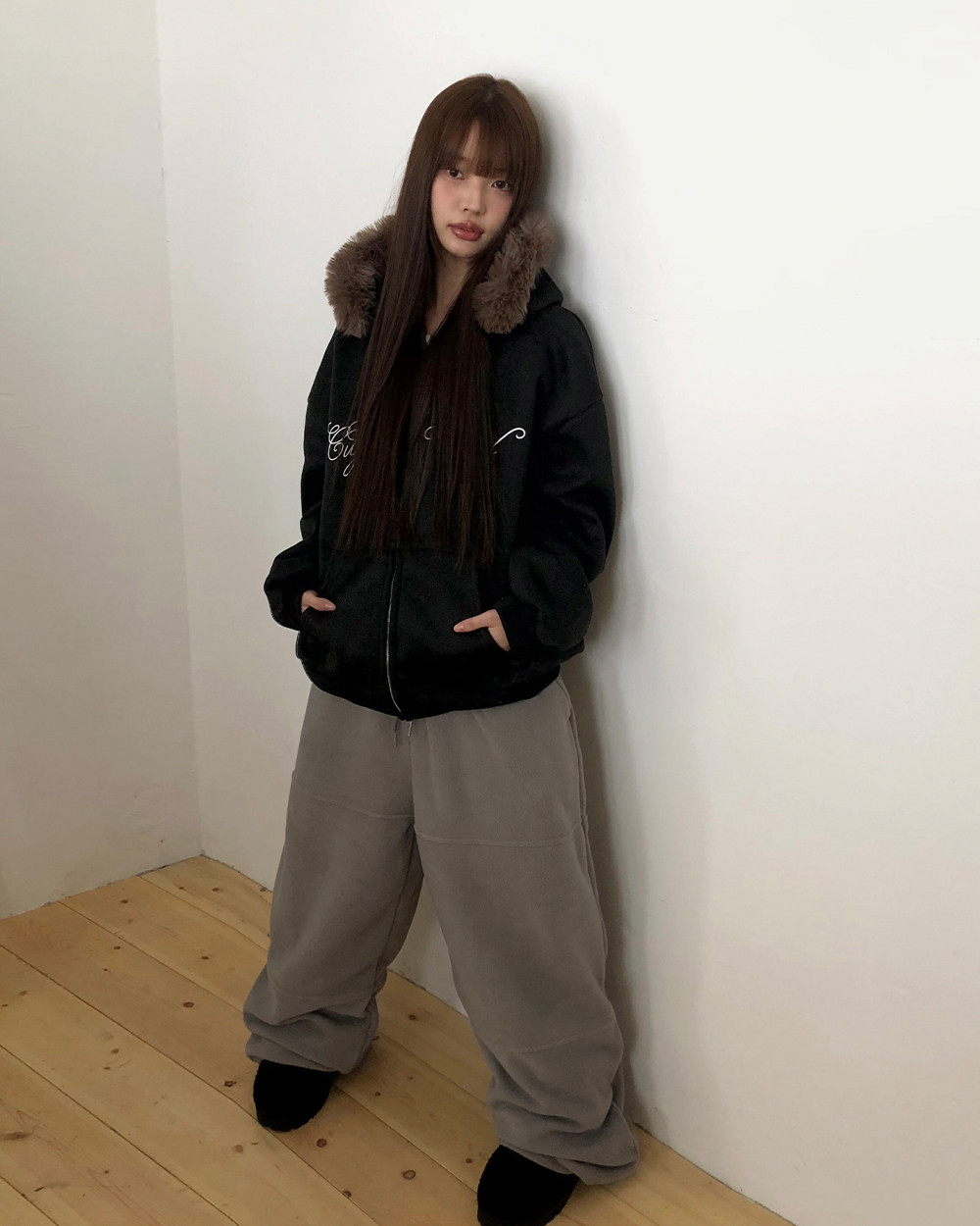 エコファー長袖ルーズジップアップフードポケットジップパーカー