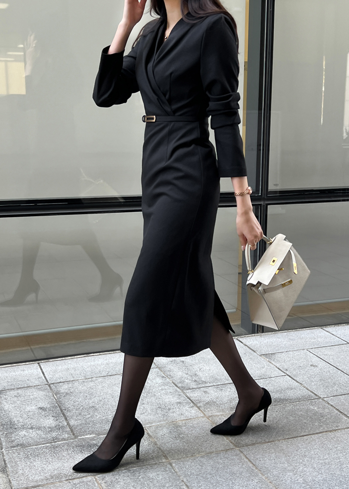 スリム長袖Vネックミディジップアップワンピースベルト付 | レディース