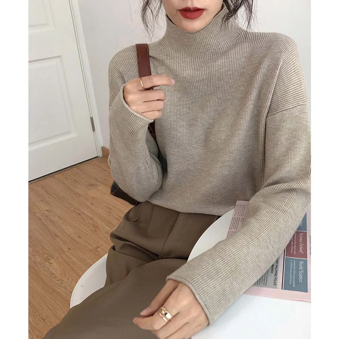 リブタートルネックドロップショルダーニット | 詳細画像3