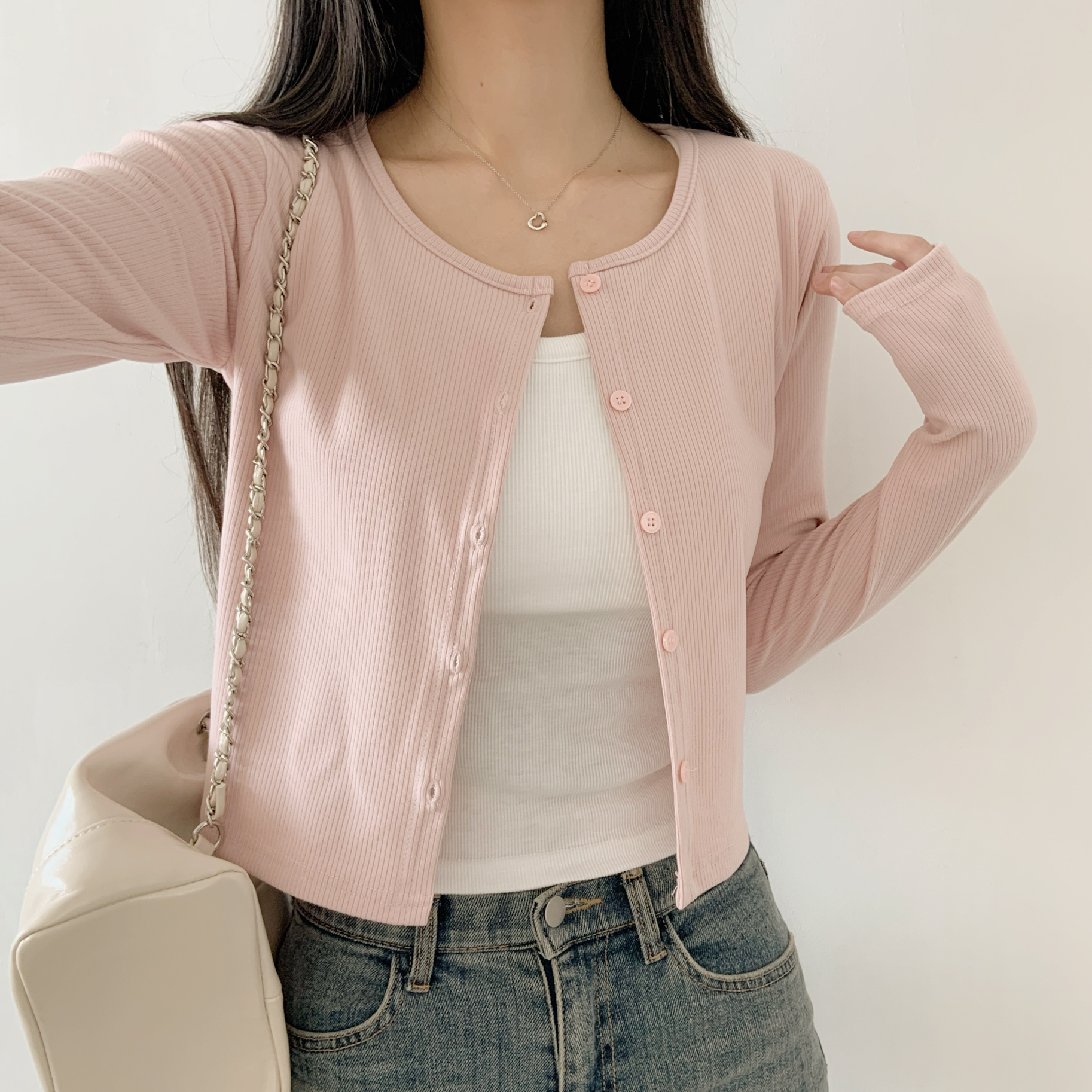 リブボタンラウンドネックシンプルカラーカーディガン | 詳細画像2