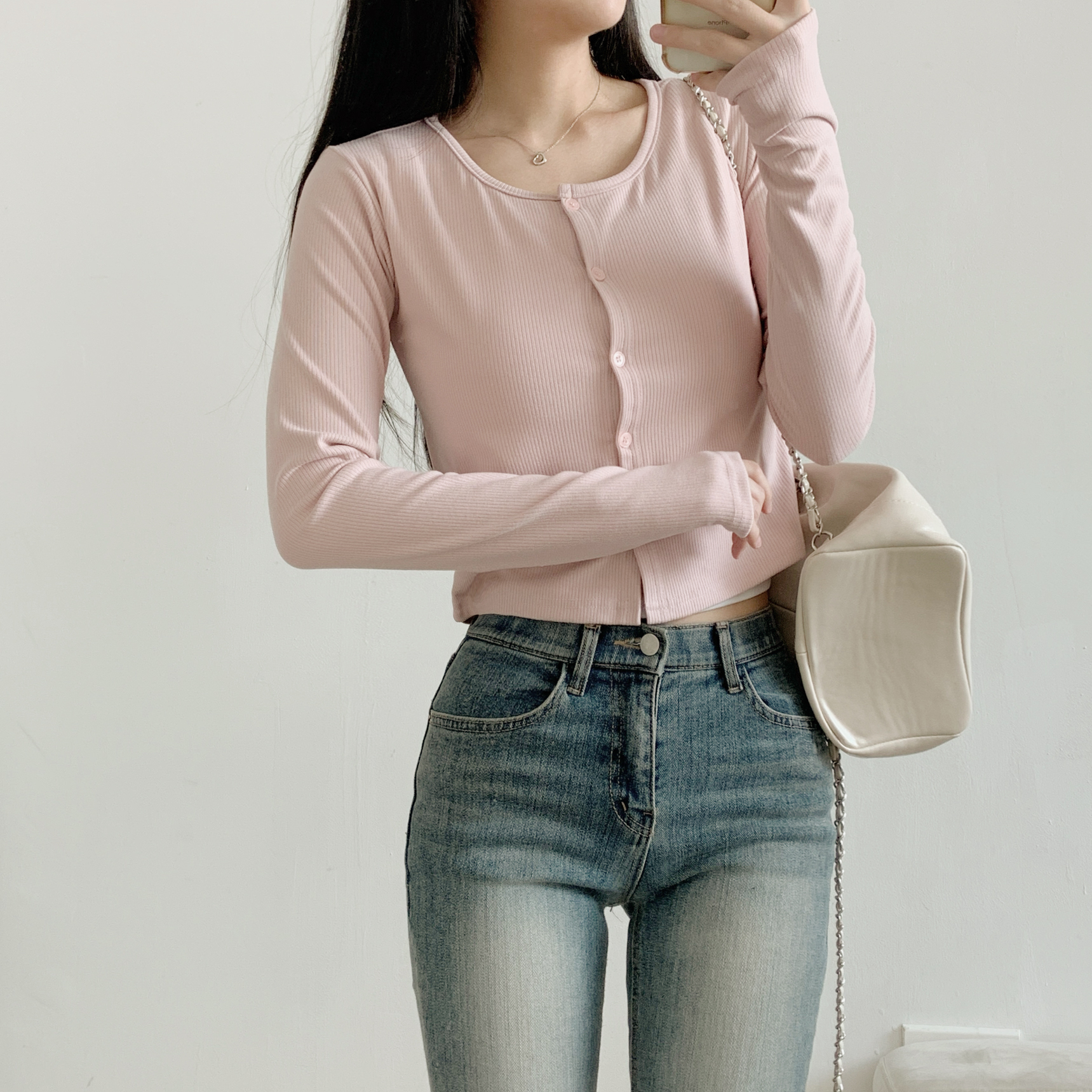 リブボタンラウンドネックシンプルカラーカーディガン | 詳細画像5