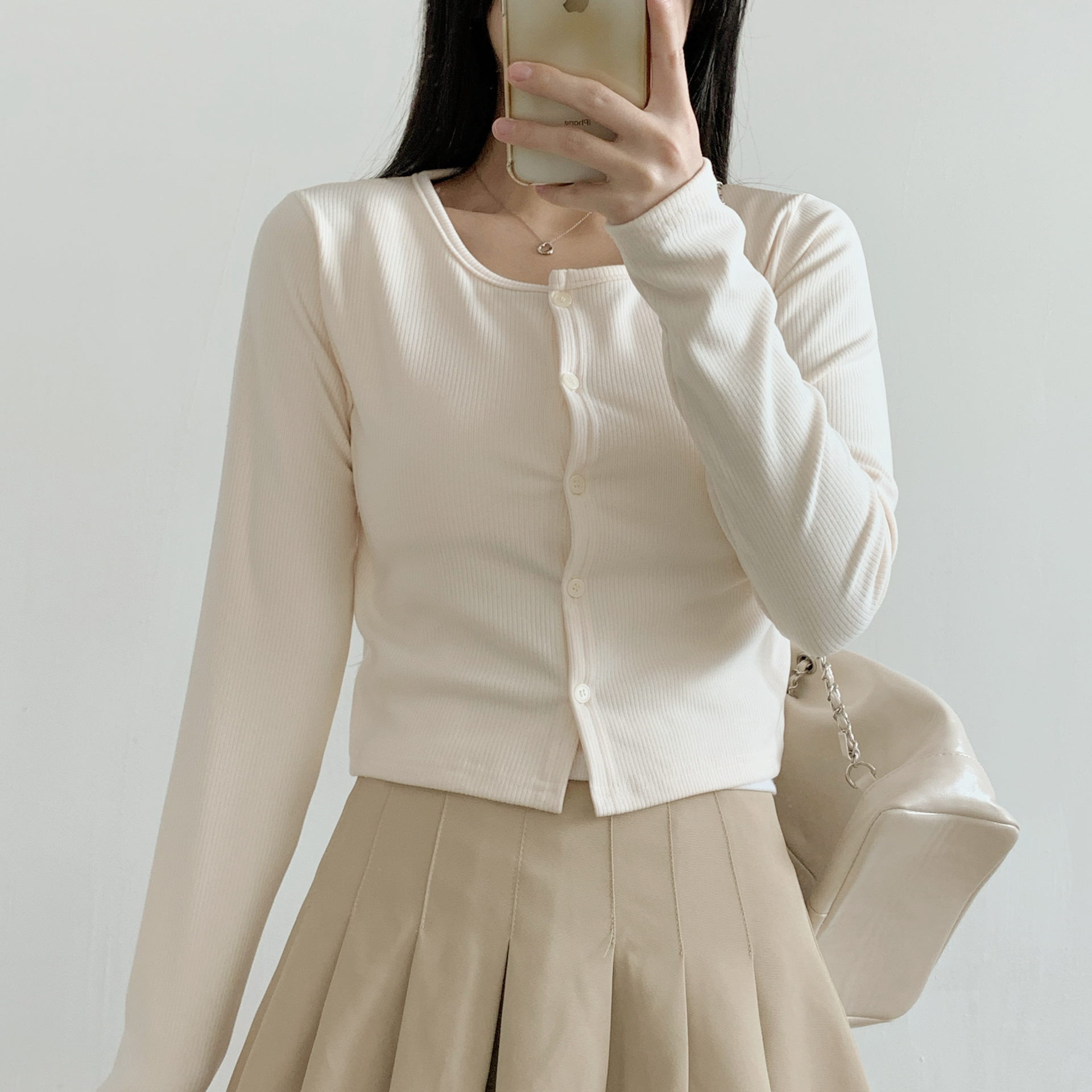 リブボタンラウンドネックシンプルカラーカーディガン | 詳細画像14