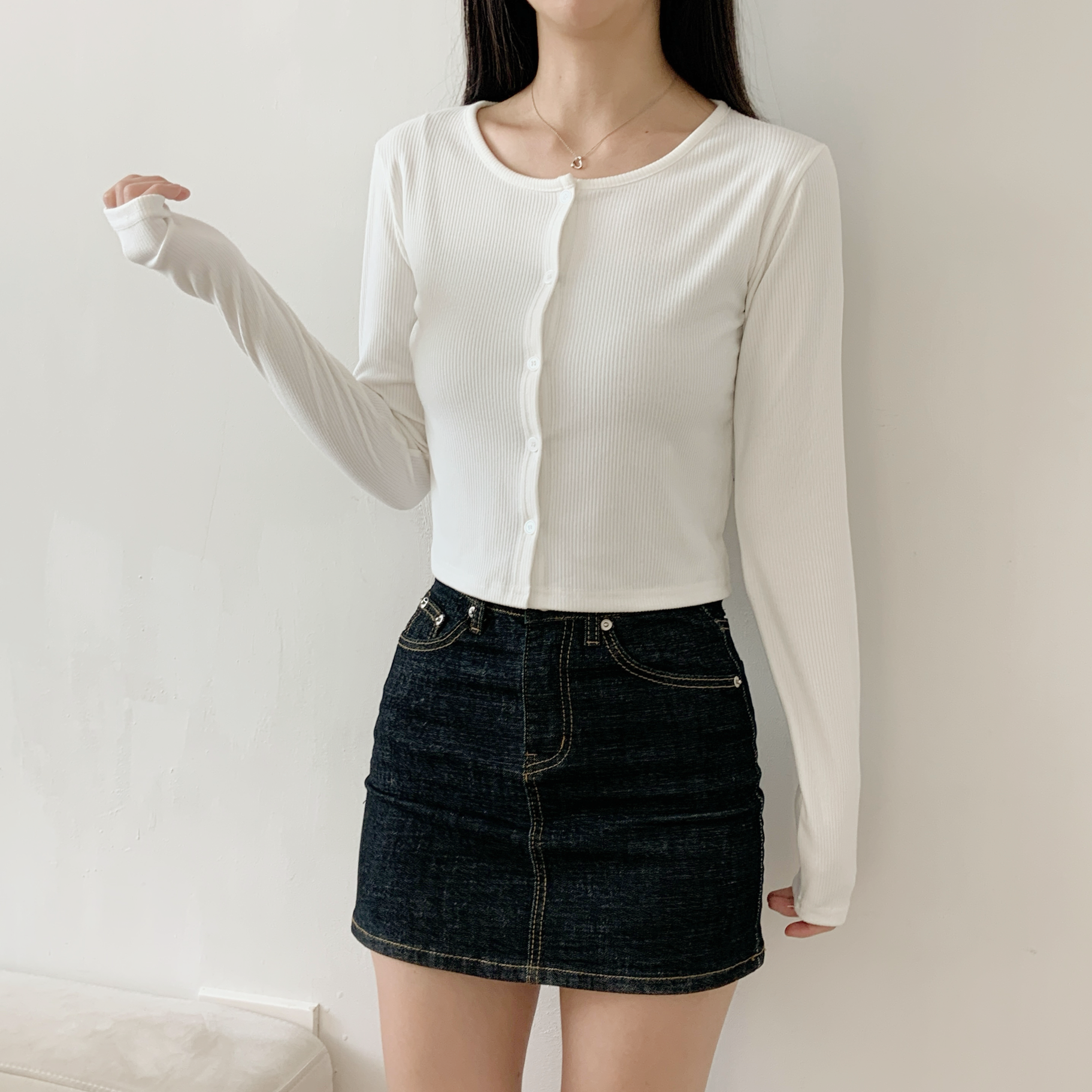 リブボタンラウンドネックシンプルカラーカーディガン | 詳細画像10