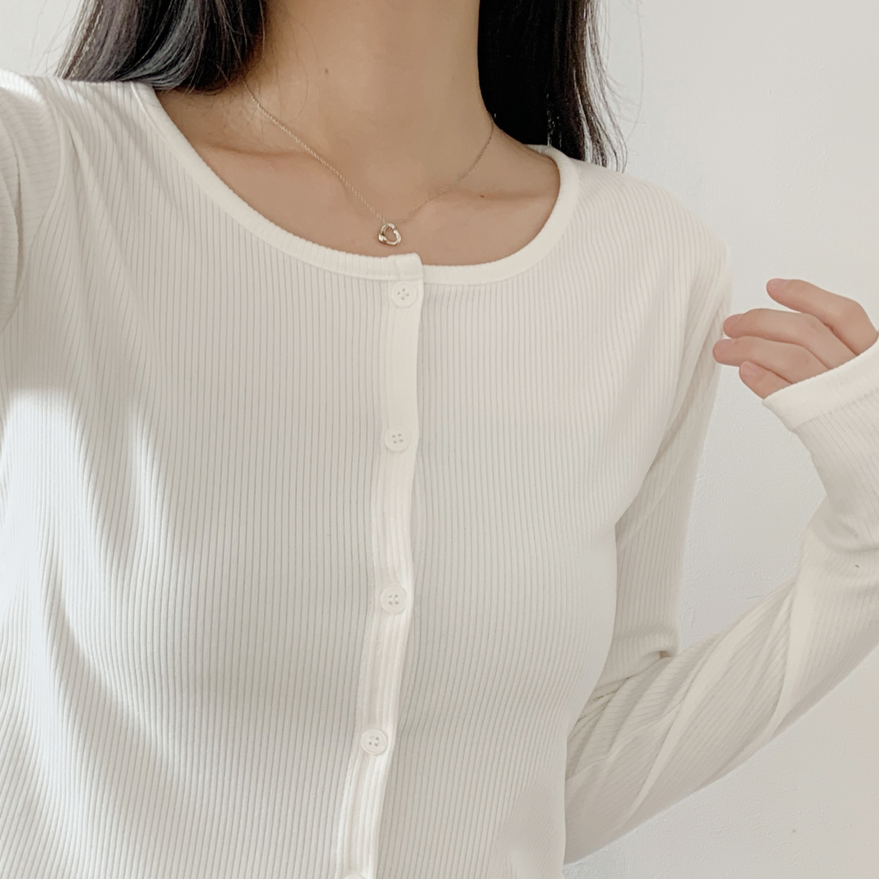 リブボタンラウンドネックシンプルカラーカーディガン | 詳細画像9