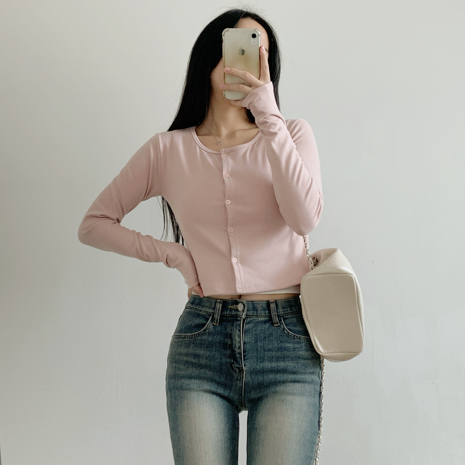 リブボタンラウンドネックシンプルカラーカーディガン | 詳細画像6