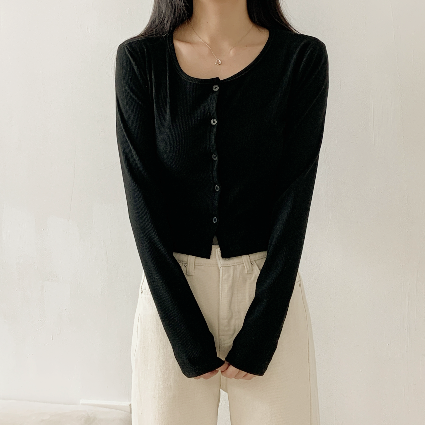 リブボタンラウンドネックシンプルカラーカーディガン | 詳細画像18