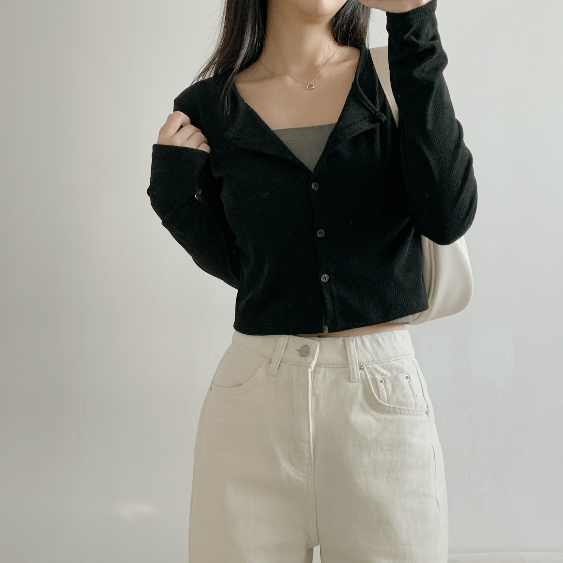 リブボタンラウンドネックシンプルカラーカーディガン | 詳細画像19